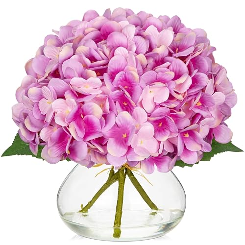 Hollyone Hydrangea Artificial Flowers with Glass Vase Purplish Pink Silk