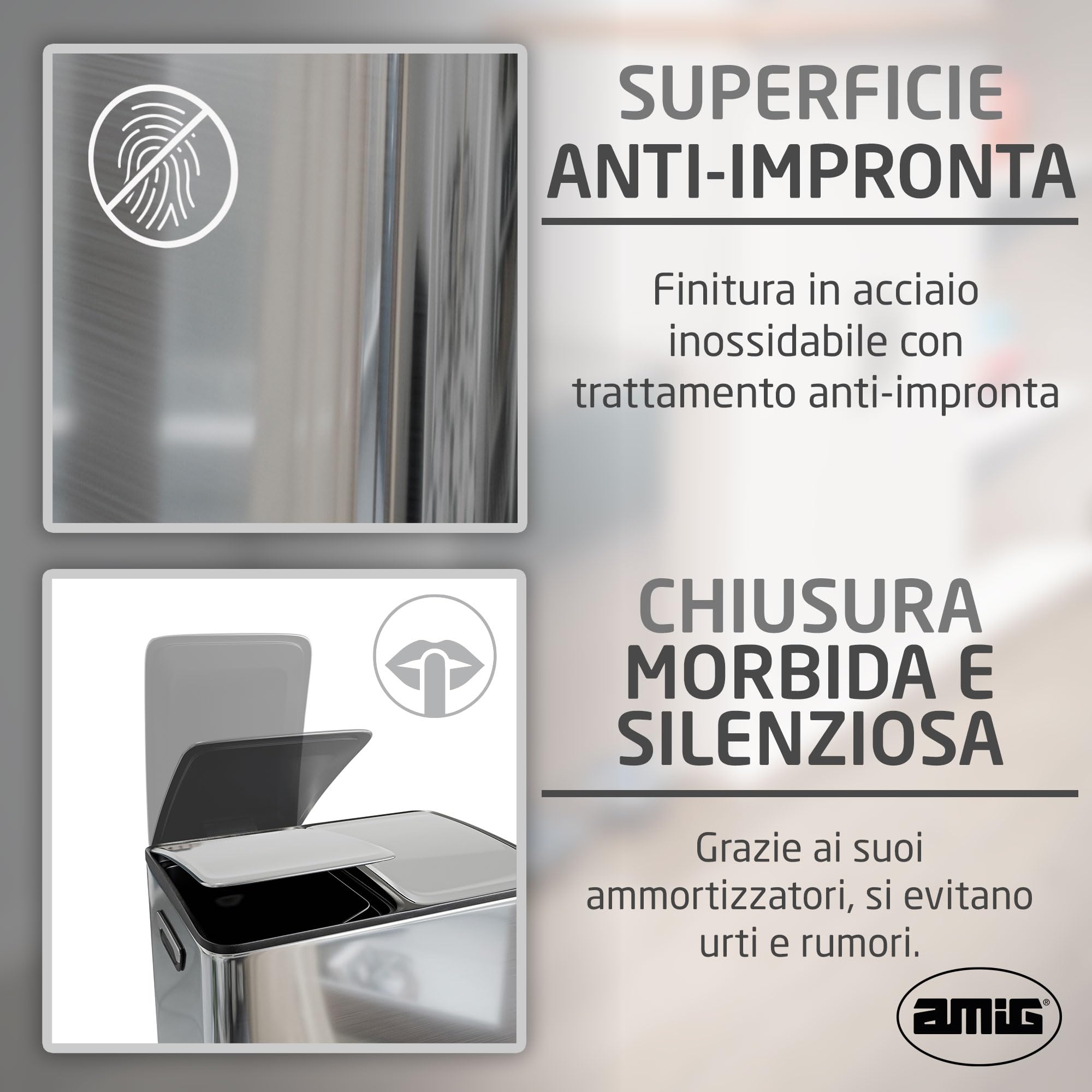 Amig - Pattumiera Doppia per Raccolta Differenziata con Pedali Mod. RECIK EVO 40 L - 2 Scomparti da 20 L ciascuno - Acciaio Inossidabile - 45 x 30 x 52 cm - Argento
