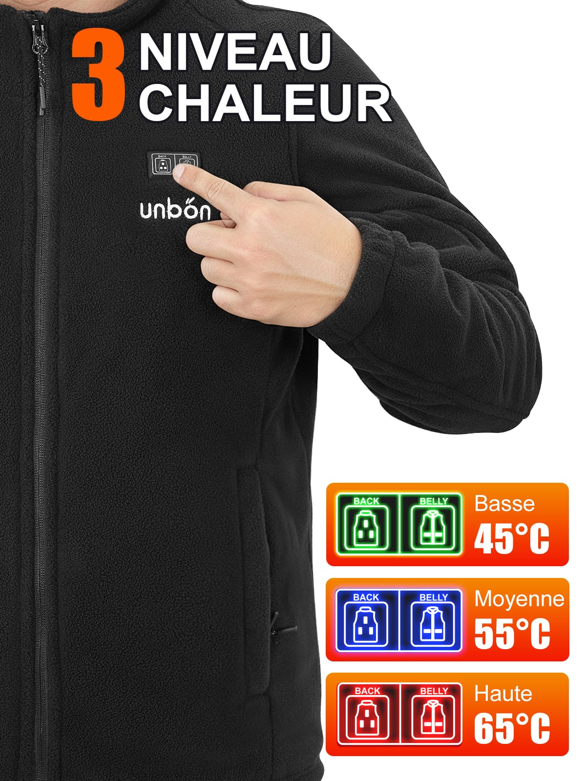 UNBON Veste Chauffante Homme, Veste Polaire Chauffante Homme avec Batterie USB 10000mAH, Manteau Chauffant 3 Températures 6 Zones de Chauffe, Blouson Chauffant Manche Longue pour Moto Travail