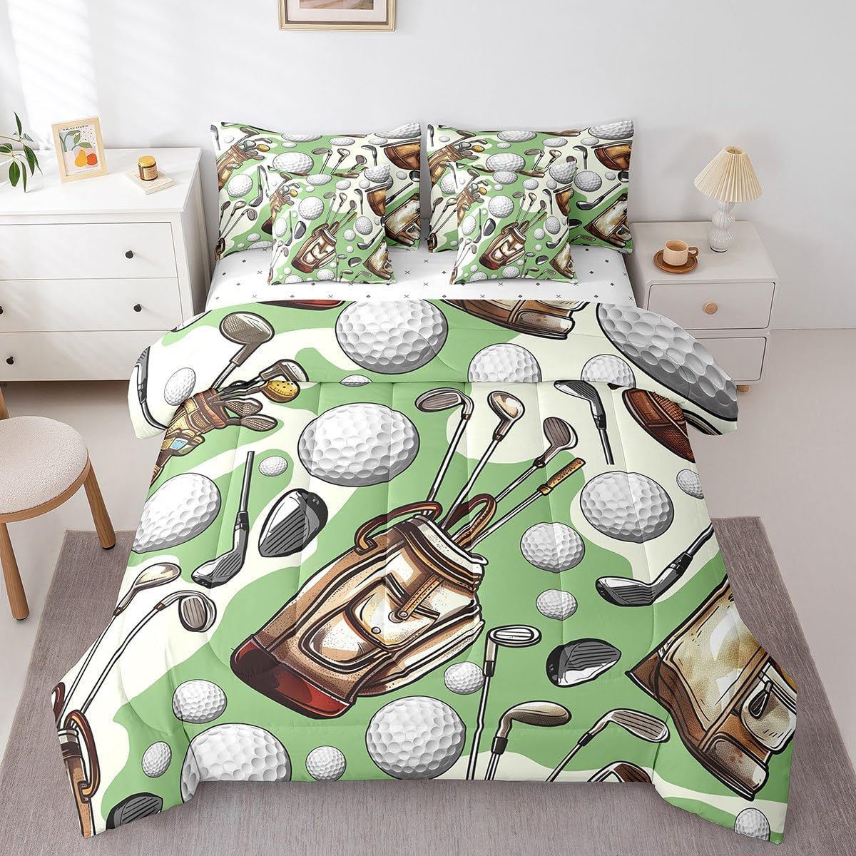 Erosebridal Golf Bed in A Bag Golf Ball Club Queen Comforter Set 7 Piece Sports Theme Ball Games Bedding Set Green White Sports Gaming Bed Set for Kids Boys Girls Bedroom Decor