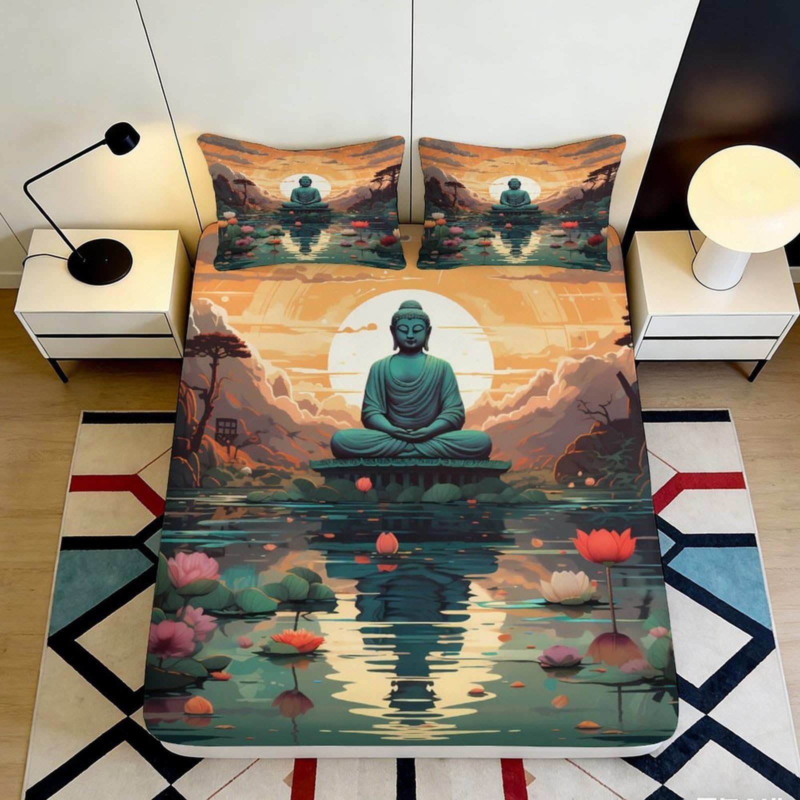 3D Printed Buddha Sunset Fitted Sheet Microfiber Soft Breathable Lotus Reflection Bed Cover for Bedroom Dormitory Guest Room Home Decor 90x200x25cm