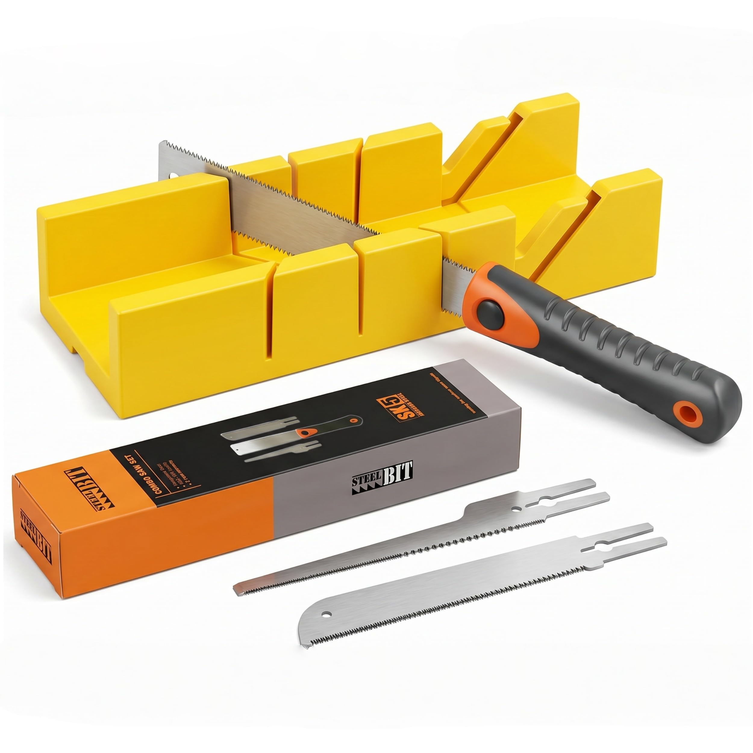 Magicbox Mitre Box and Saw Set, 3 SK5 Steel Japanese Pull Saw Blades for 45/90/135° Precision Cuts, Quick Change Clamping Hand Mitre Saw for Wood PVC Pipe Branch Cutting, DIY Woodworking Tool Kit