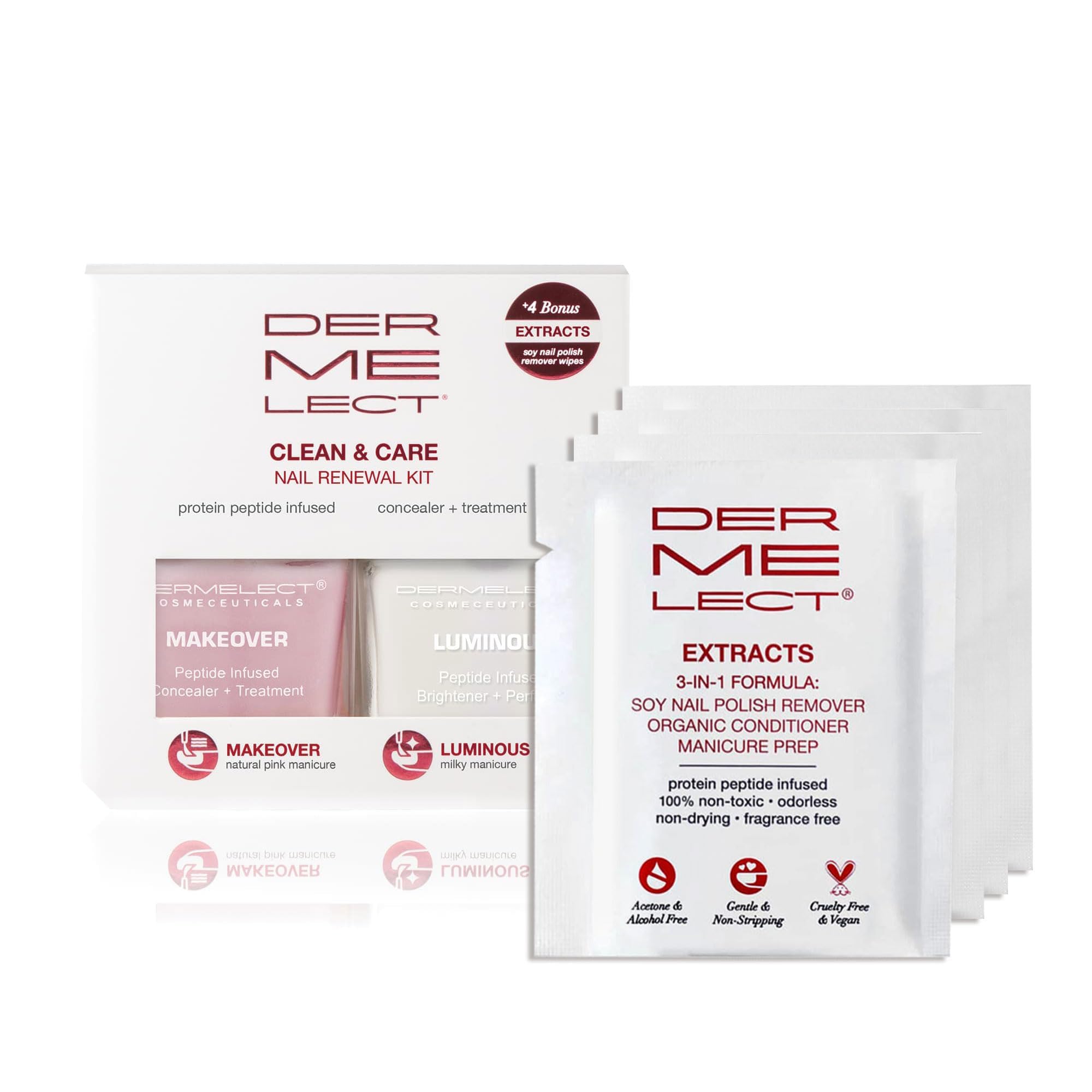 Dermelect Clean & Care Nail Renewal Kit – Nailcare Treatment Set with Ridge Filler, Nail Brightener & Polish Remover Wipes – Strengthens, Brightens & Restores Damaged, Discolored, Weak Nails