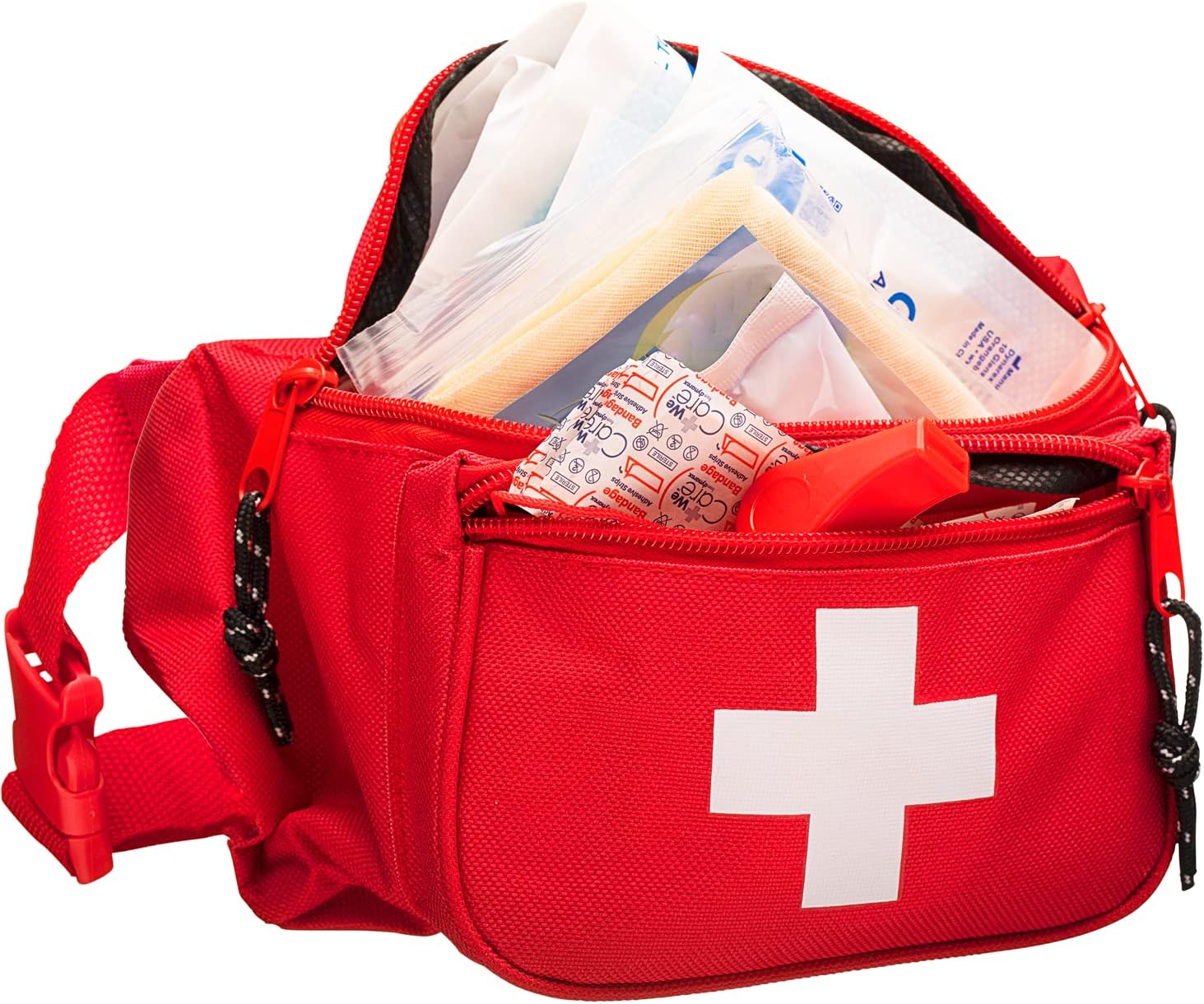 NOVAMEDIC First Aid Fanny Pack Stocked with 75 Piece Emergency Essentials, 8"x2"x6", Waist Bag w/ 3 Zippered Compartments & Adjustable Strap for Lifeguard, Hiking, Travel Men & Women, Durable, Red