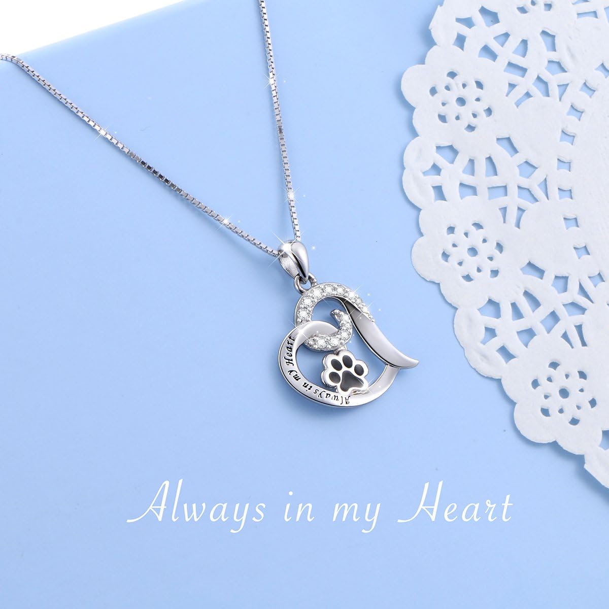 FLYOW 925 Sterling Silver Cute Paw Print Forever Love Heart Pendant Necklace/Bracelet/Stud Earrings Gift for Women, Box Chain 18" - Image 4