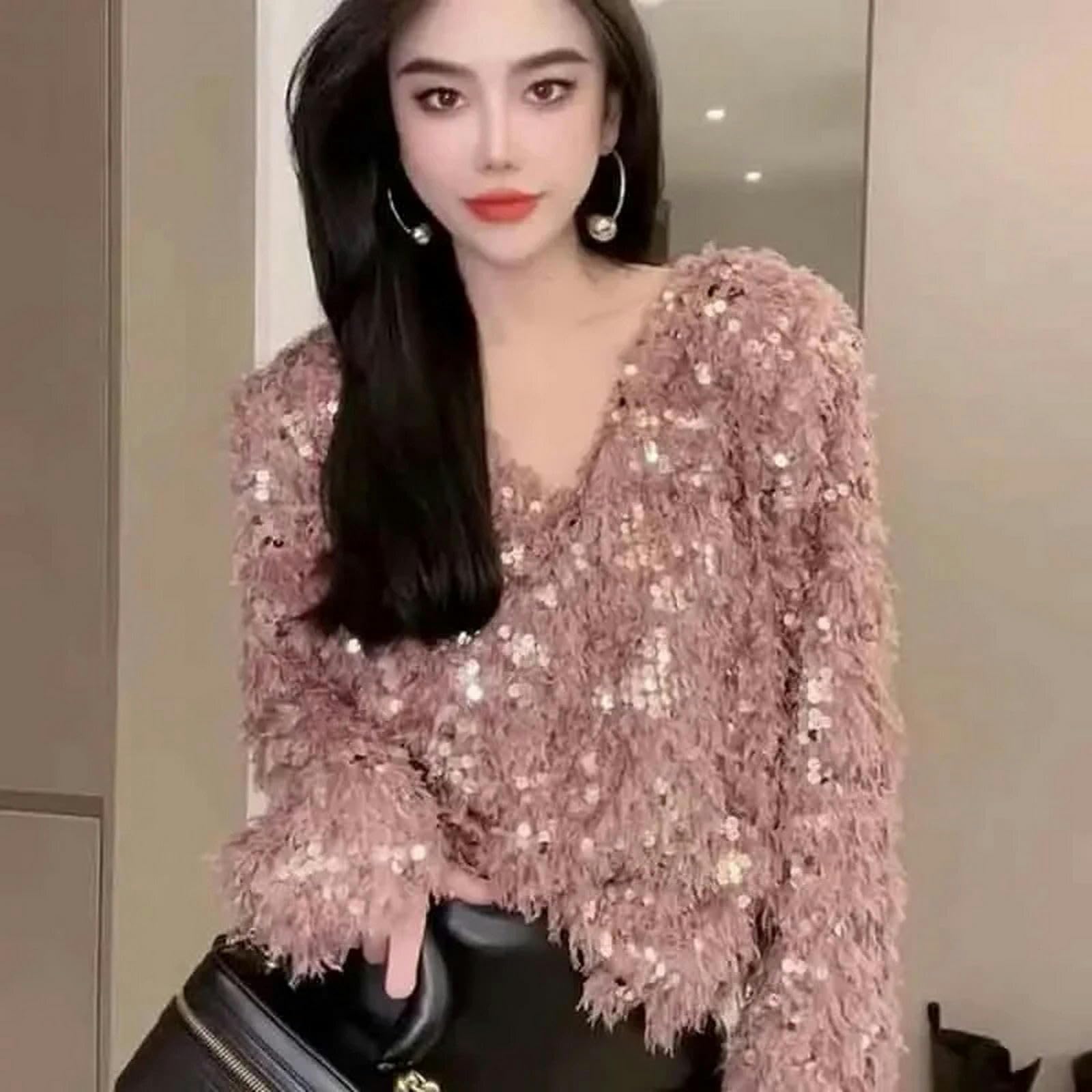 Sweter dla kobiet frędzel cekinowy sweter damski dekolt w serek z długim rękawem dzianinowe swetry eleganckie eleganckie luźne streetwear jesień