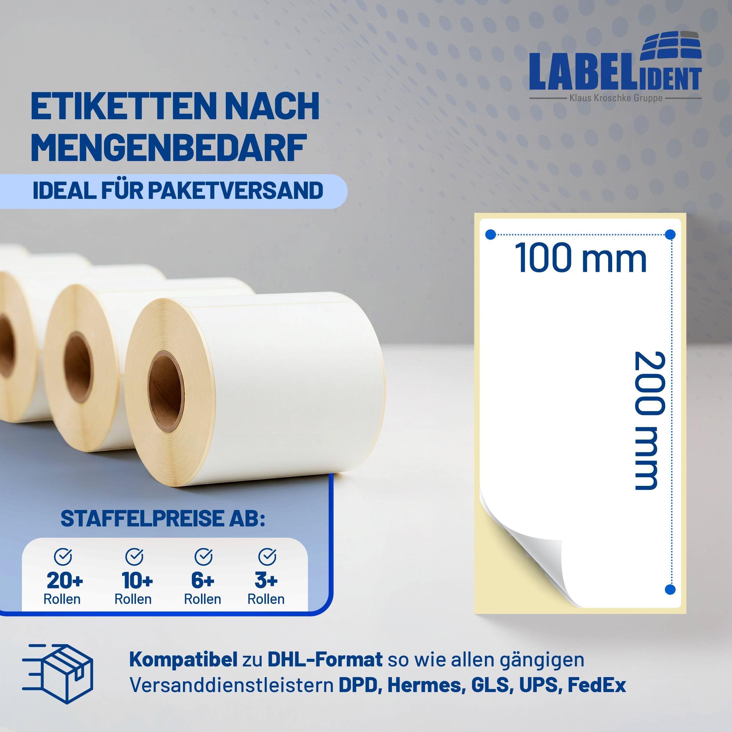 Labelident Versandetiketten 100 x 200 mm - 250 Thermoetiketten auf Rolle | Stark selbstklebende Thermodirekt-Labels für DHL, DPD, FedEx, GLS, Hermes, UPS, Zebra