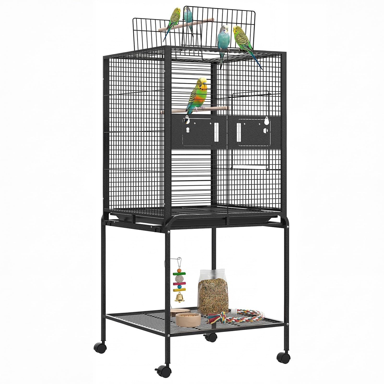 MoraRise 144cm Large Bird Cages, Budgie Cage with 360° Braked Wheels, Parrot Cage for Budgies Cockatiels Conures Parakeets Lovebirds,Black