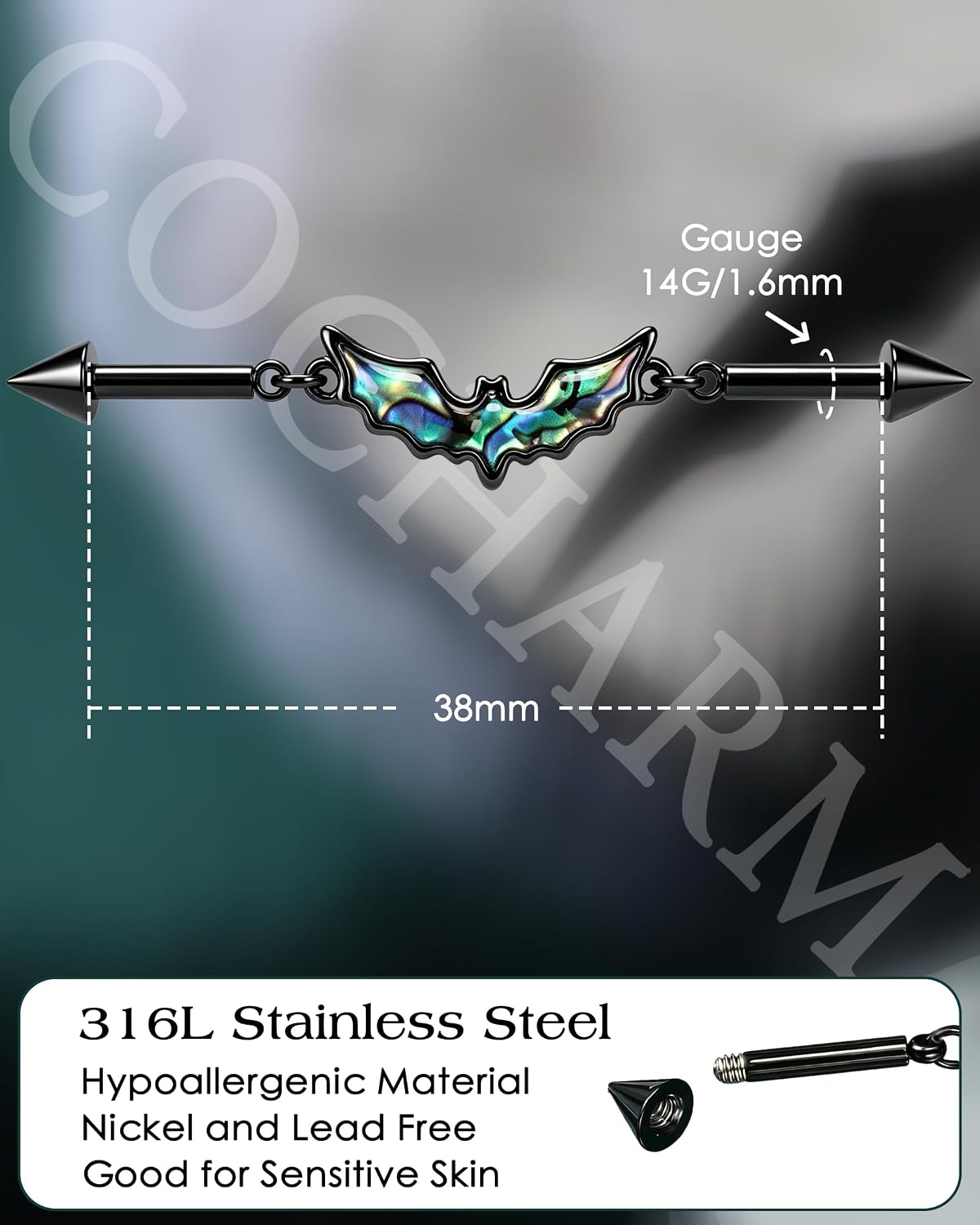 COCHARM 14g Bat Industrial Earring, Surgical Steel Black Industrial Jewelry