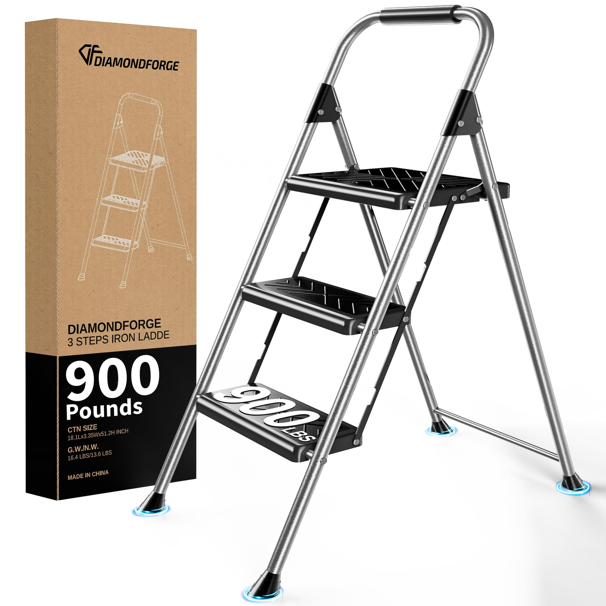DIAMONDFORGE 3 Step Ladder, Folding Step Stool with Anti-Slip Wide