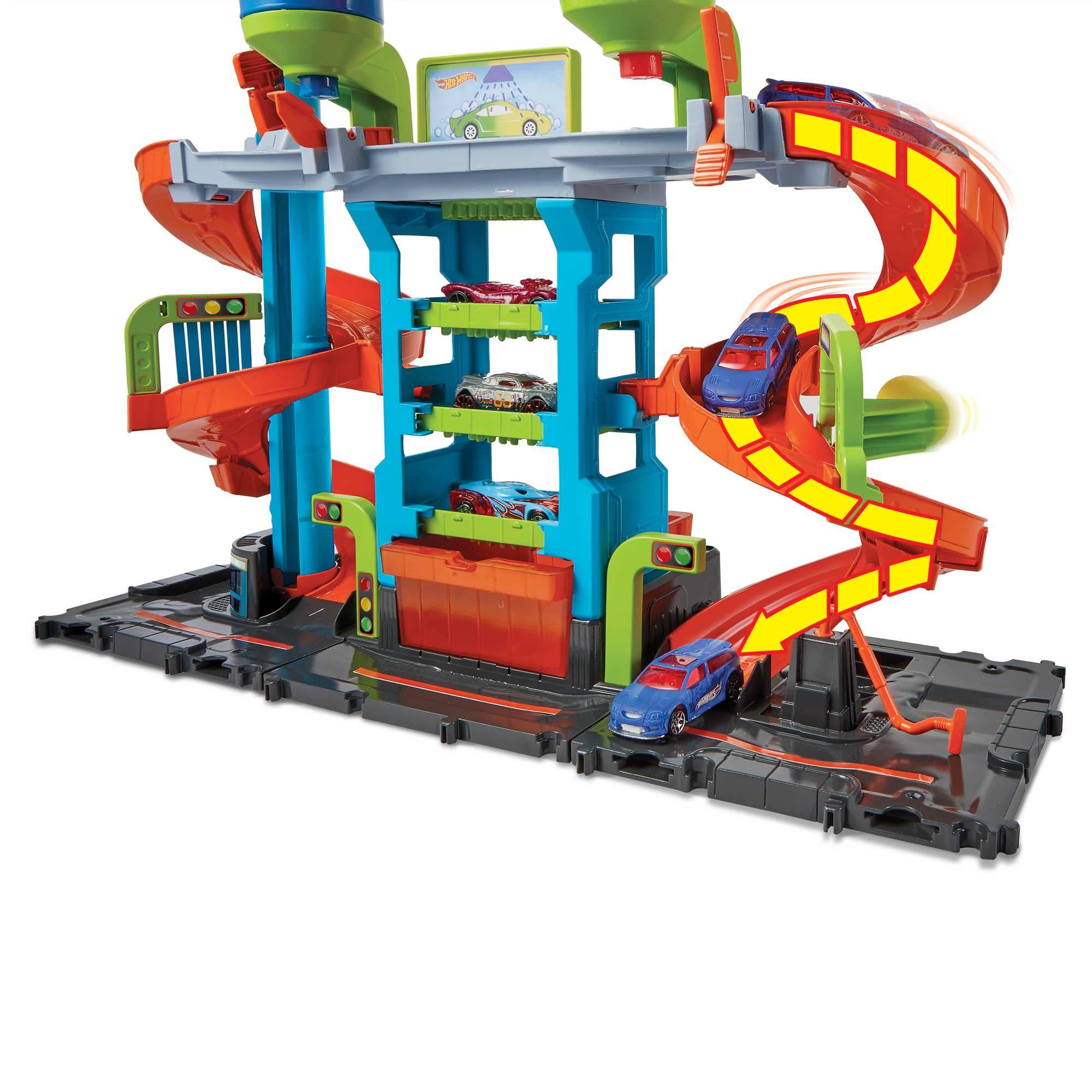 Hot Wheels Méga Tour Station de Lavage de Hot Wheels City, 1 véhicule Color Shifters, bacs d’Eau Chaude et Froide pour changements de Couleur, Jouet Enfant, HDP05
