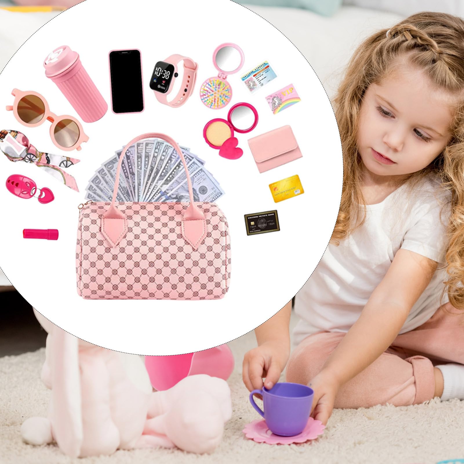 Bolso de Juego para Niñas,Juego De Imitación para Niñas Pequeñas - Accesorios De Maquillaje De Princesa para Fomentar La Imaginación Y Socialización