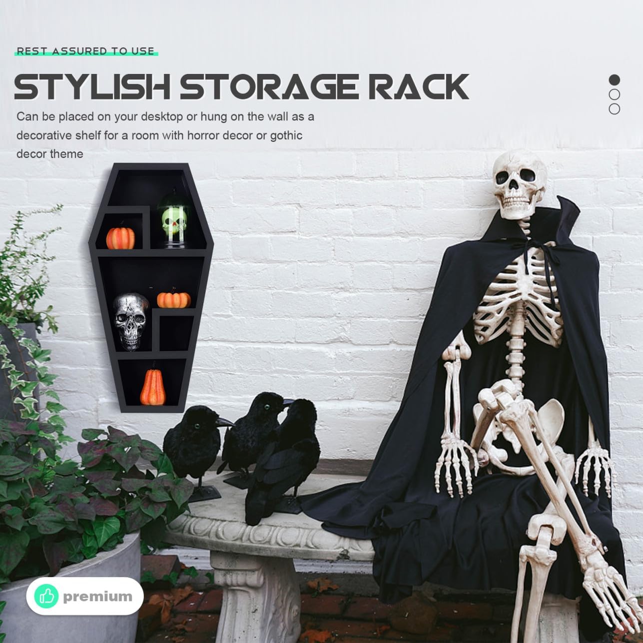 Halloween Gothic Coffin Organizer for Home Decor Spooky Decorative Shelf for Creepy Collectibles and Knick-knacks for Halloween Parties and Goth Themed Rooms