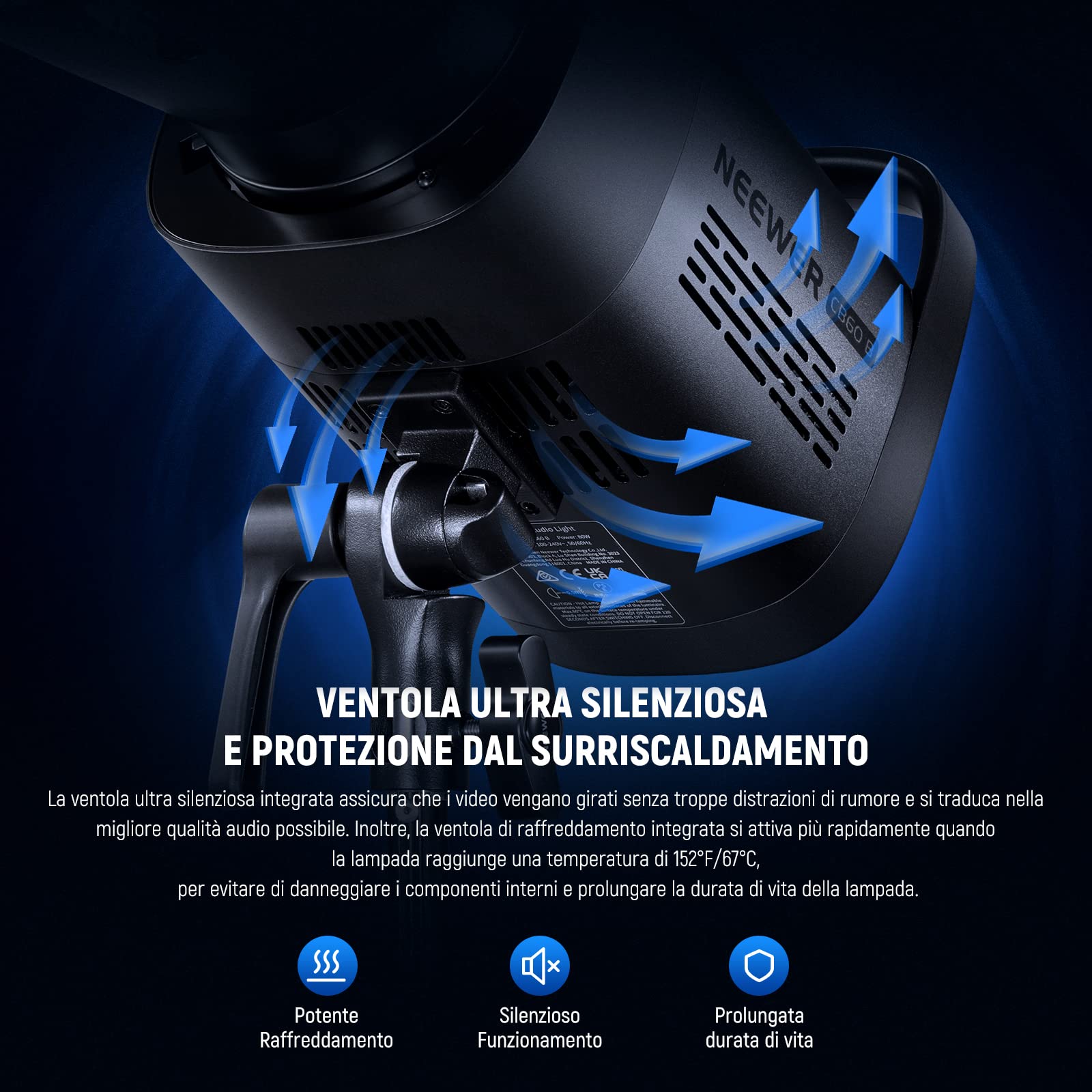 NEEWER CB60B 70W Luce Video LED con Controllo 2,4G/APP COB Bicolore Illuminazione Video Continua Attacco Bowens 2700K-6500K 34000Lux@1m/Modalità CCT/CRI97+/12 Scene per Studio Registrazione Fotografia