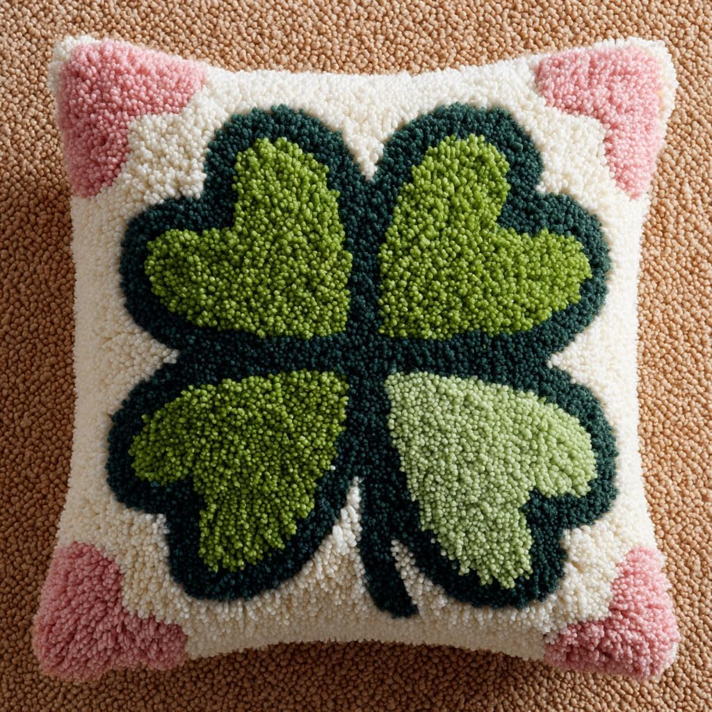 AMBATTERY Latch Hook Kits Pillow Green Four-Leaf Clover Crochet Yarn Preprinted Pattern Needlework Kit DIY Pillowcase Hook Rug Crafts Kits,Handmade Pillow Cover Cushion 17x17inch