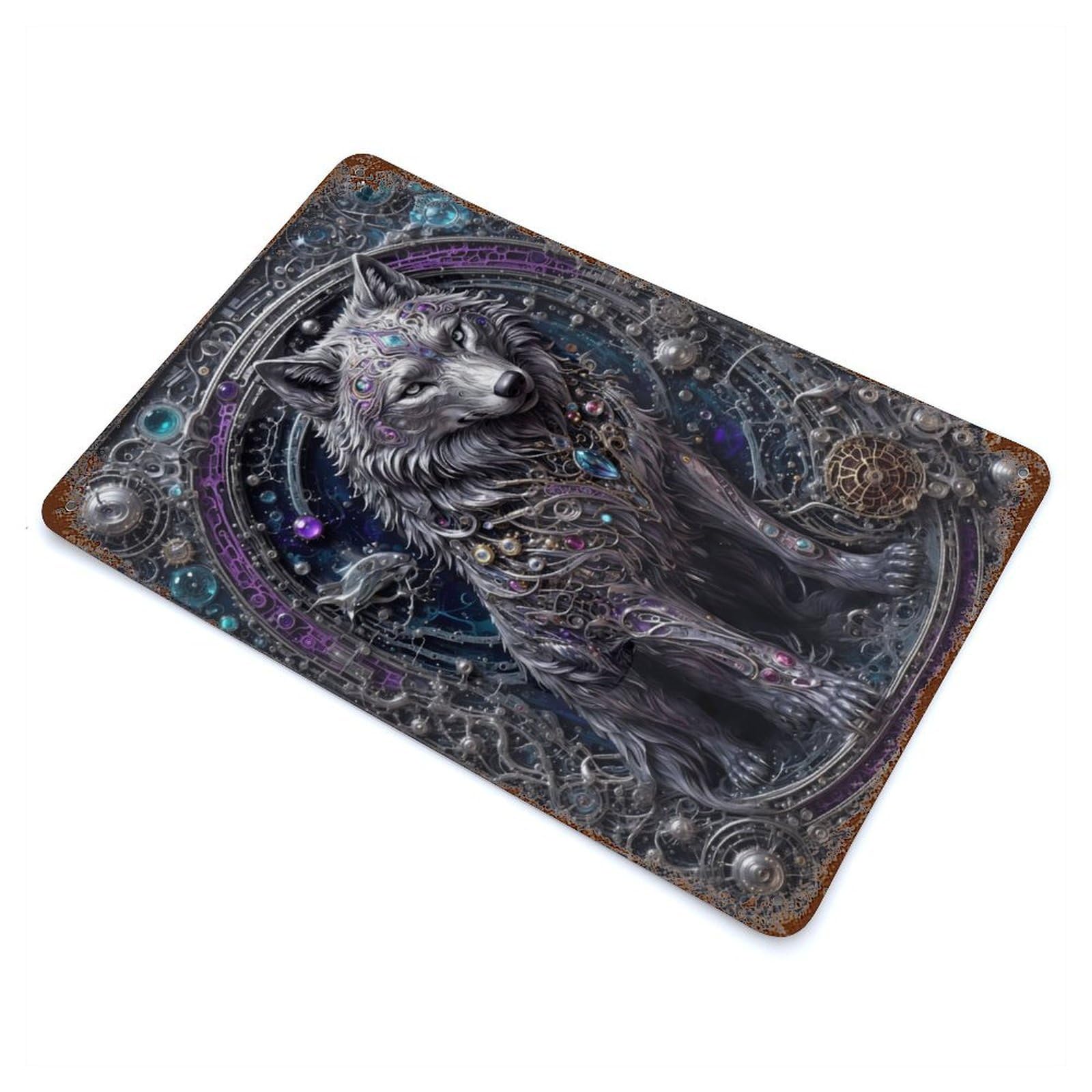 Steampunk White Wolf 11.8"x7.9" Rustic Tin Plaque, Farmhouse Wall Decor for Basement, Hobby Room And Garage Decor