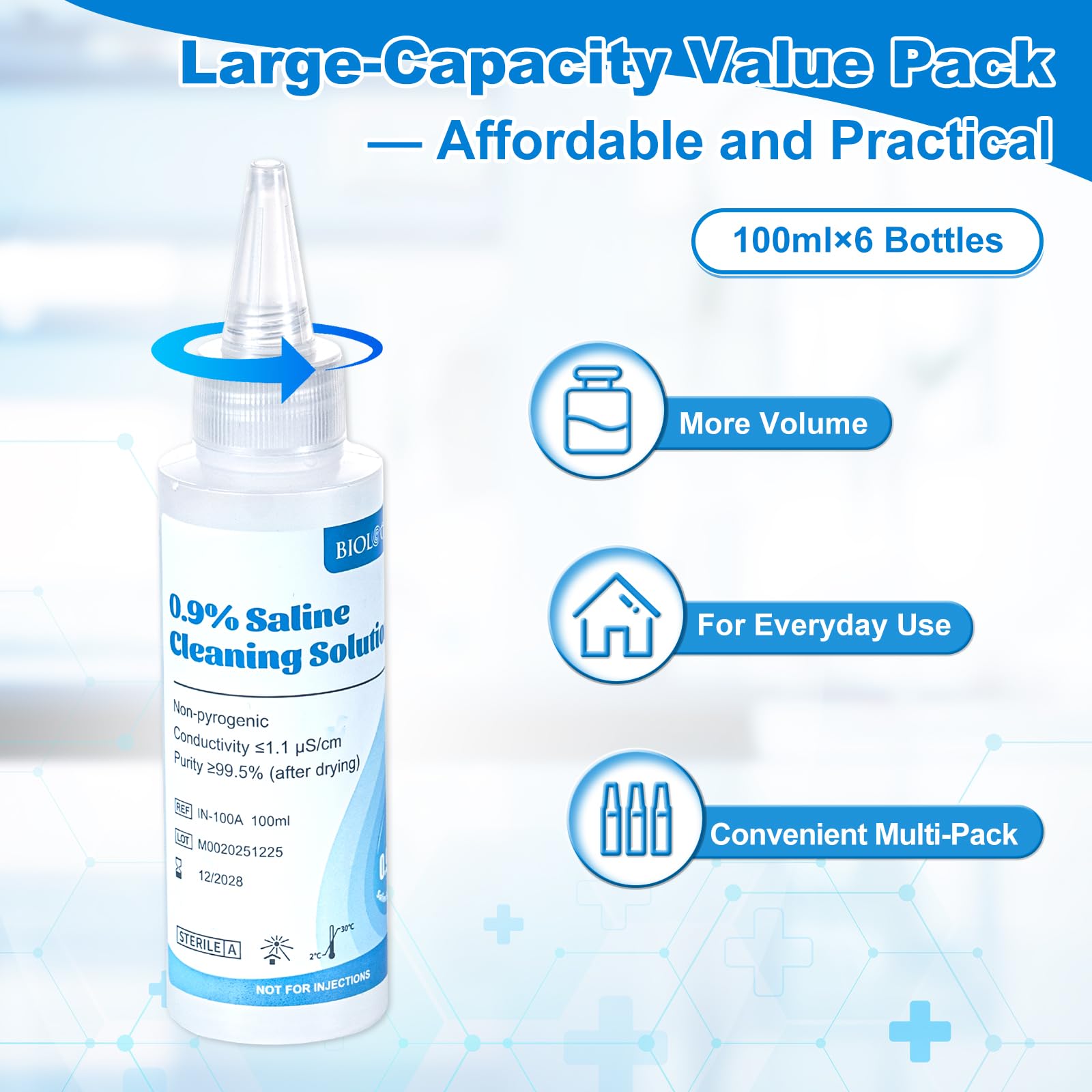 Normal Saline, 0.9% Cleaning Saline Solution, Ready-to-Use for Daily Household Use, 100ml Each, 3 per Box, 300ml /10.56 FL OZ - 5
