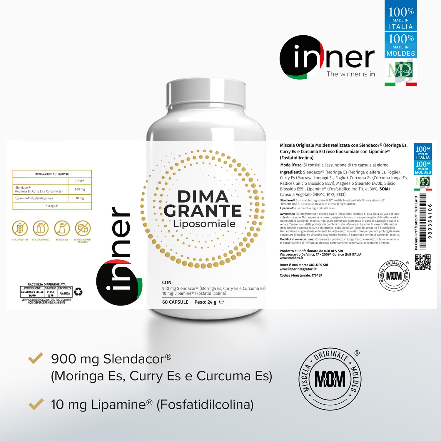 Inner Dimagrante Liposomiale – 60 capsule – Integratore con Moringa Curcuma e Curry (Slendacor®) ad Elevata Biodisponibilità – Supporto Peso e Metabolismo