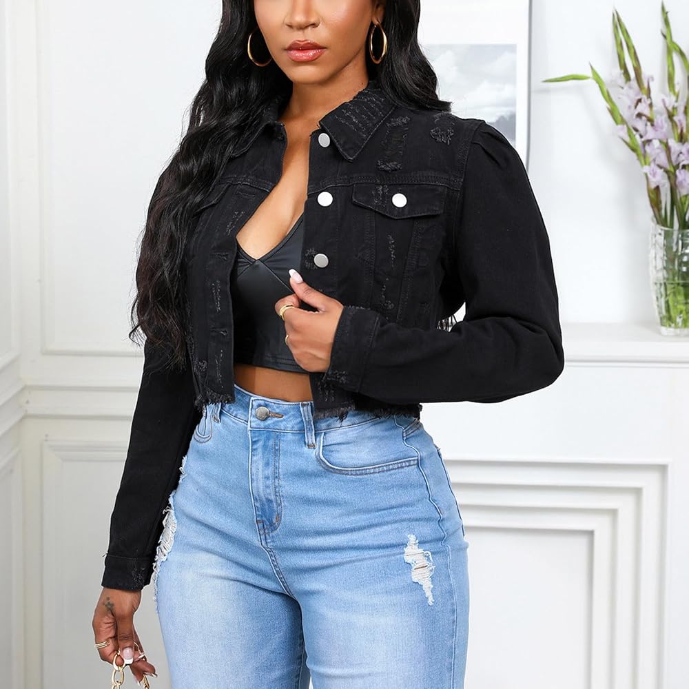 Women's Long Sleeve Ripped Cropped Jean Jacket Vintage Distressed Women's Long Sleeve Ripped Cropped Jean Jacket Vintage Distressed