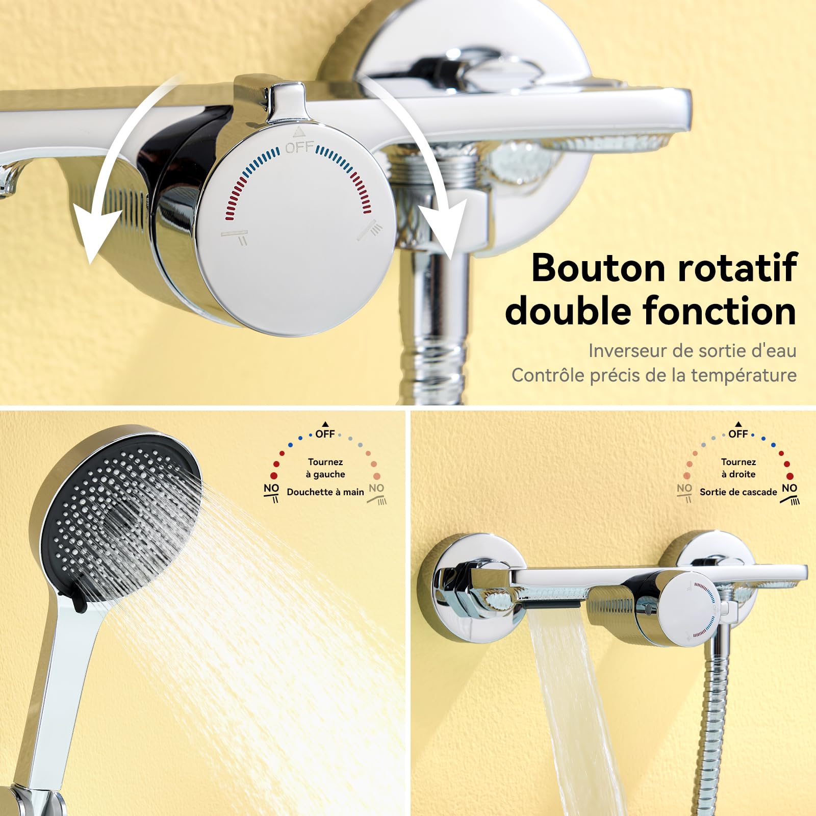 Auralum Mitigeur de Douche et Bain en Laiton Chrome - Robinet avec Bec Cascade Orientable, Douchette 5 Jets, Flexible Inox 1.5m et Tablette de Rangement Intégrée, Système de Douche de Rénovation