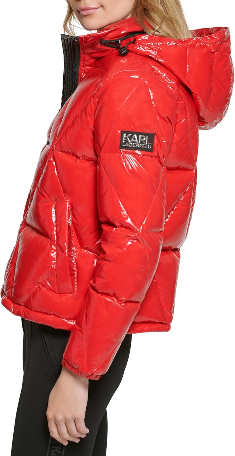 KARL LAGERFELD womens Glossy Rain Wear Short Puffer - Image 3