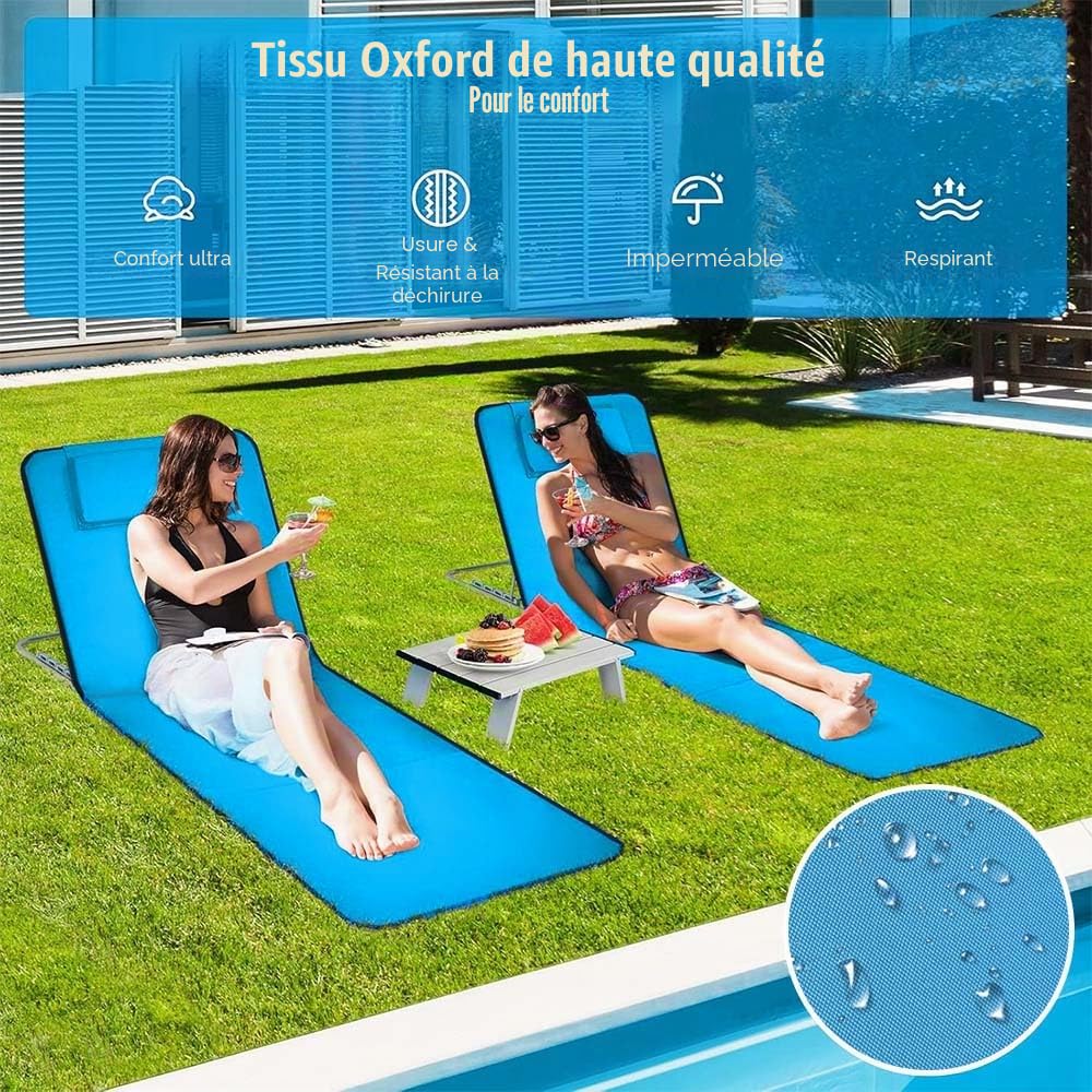 Transat de Plage 2 Pièces,Matelas de Plage Pliable,Chaise de Plage Pliable,et Réglable,Tissu Oxford 600D imperméable,Sac de Rangement Inclus, pour la Plage, Le Parc, Le Camping(Bleu Clair)