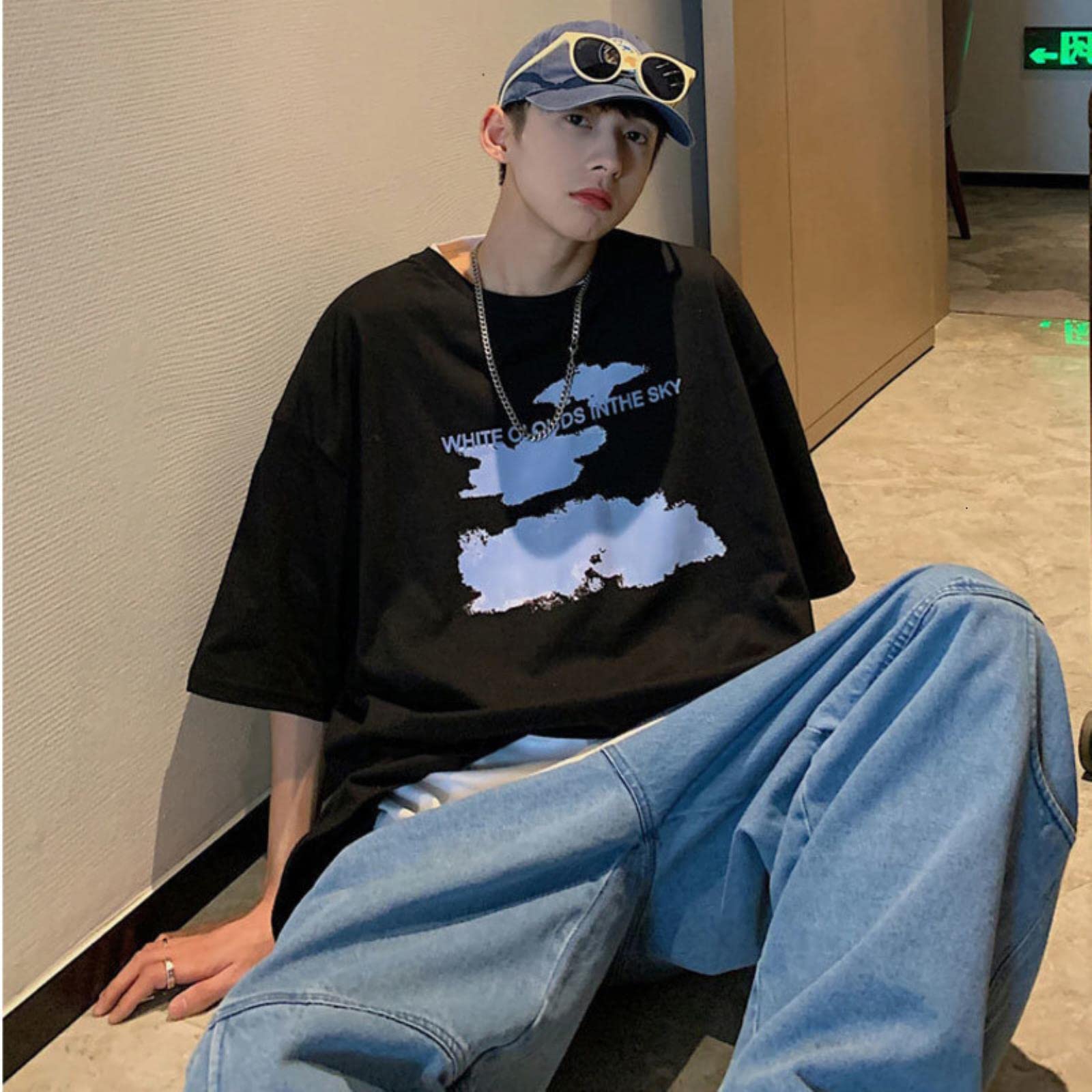 White Cloud in The Sky Graphic Men Tshirt Algodón de Manga Corta Camiseta Mombra-Z3159-Oversize-White,XXXL