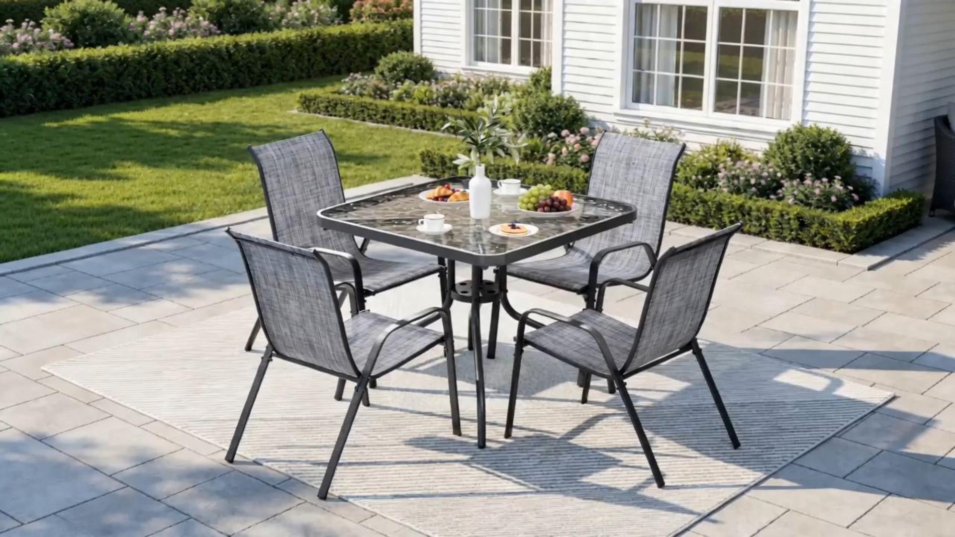 enesher swimming pool table set umbrella delightful patio home design Arlopu 5 Pieces Outdoor Dining Set, Glass and Textilene Chair Size:60LB (260 yards) repurposed_materials Pin design 10