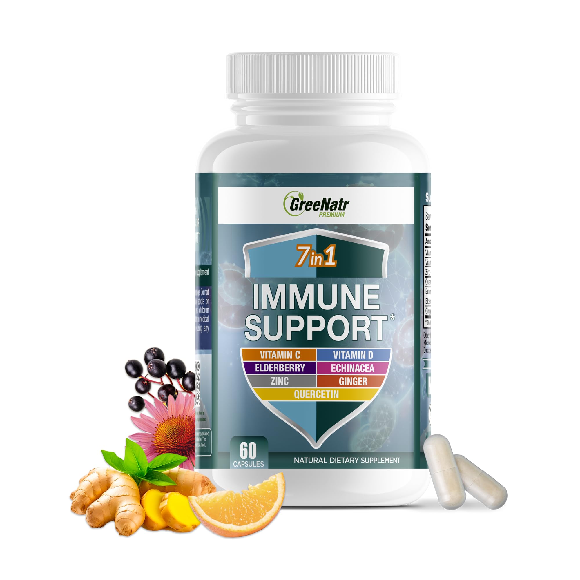 GreeNatr Suplemento para a Imunidade com Vitamina C, Vitamina D3, Zinco 50 mg, Quercetina, Equinácea, Sabugueiro e Gengibre, 60 cápsulas