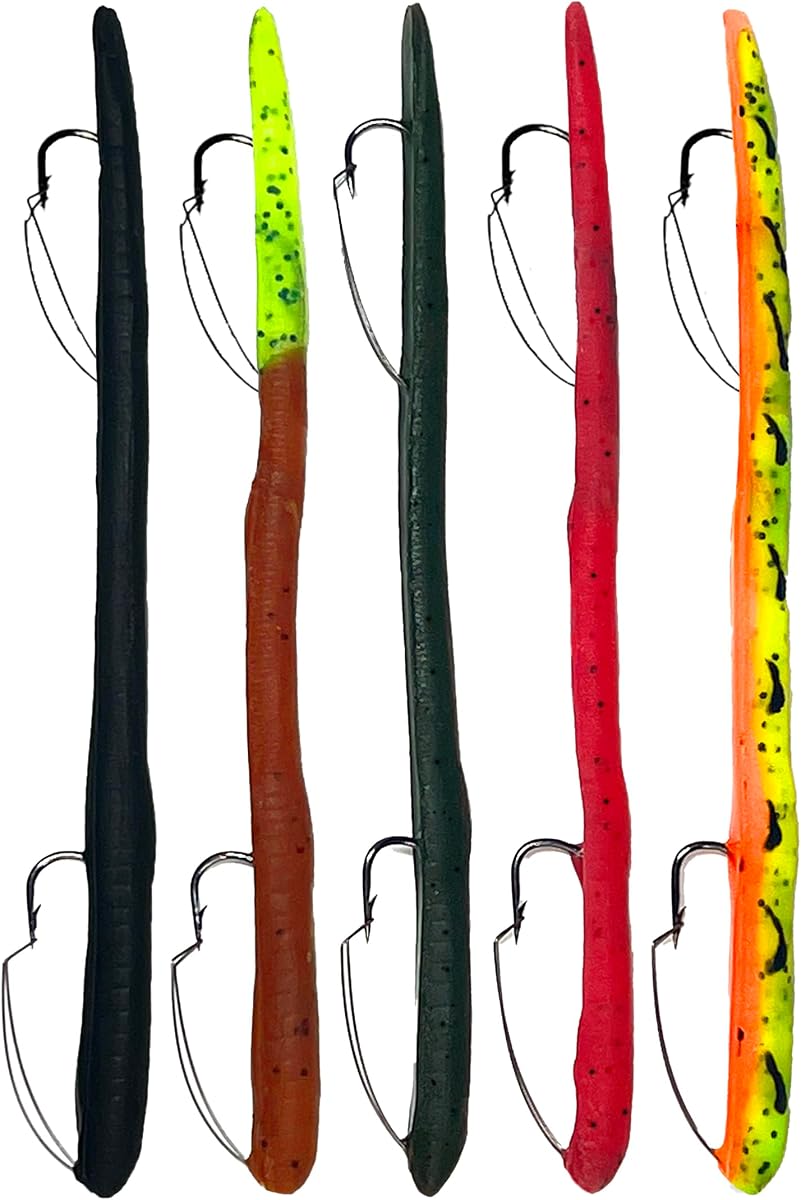 6" KILR Worm – Made in USA Weedless Pre-Rigged Soft Plastic Swimbaits, Extra Durable Bass Fishing Lures for Pike and More, 5-Pack Variety