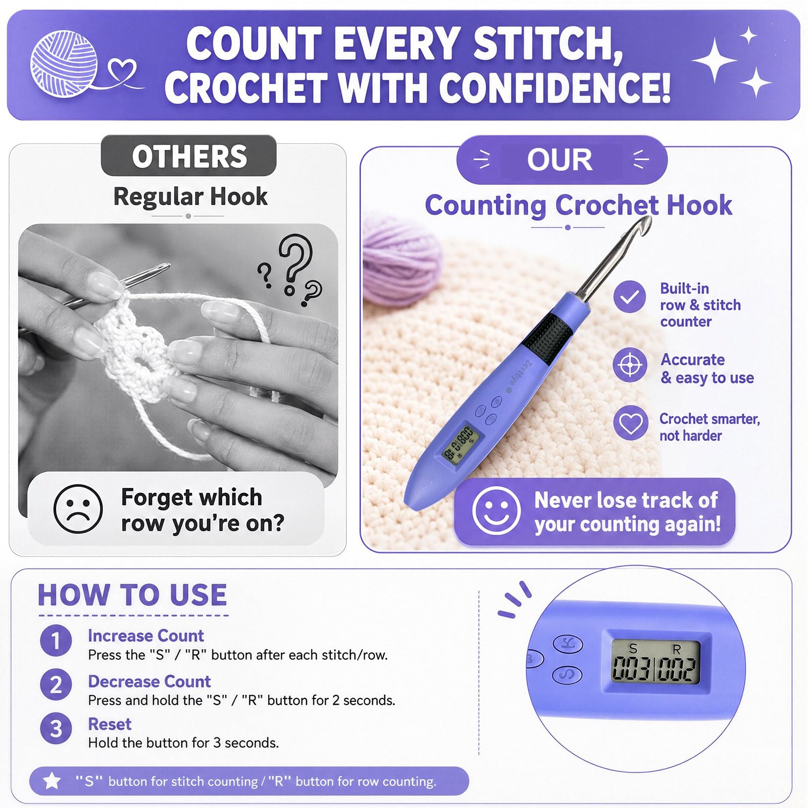 Beleuchtetes Digitale Häkelnadel Set 24 Größen Für Anfänger,2mm-14mm,Blau | Häkelnadeln Set Austauschbar,Stich- und Reihenzähler Stricken,Ergonomische Beleuchtete Häkelnadeln2.5,3.5,4,6,8