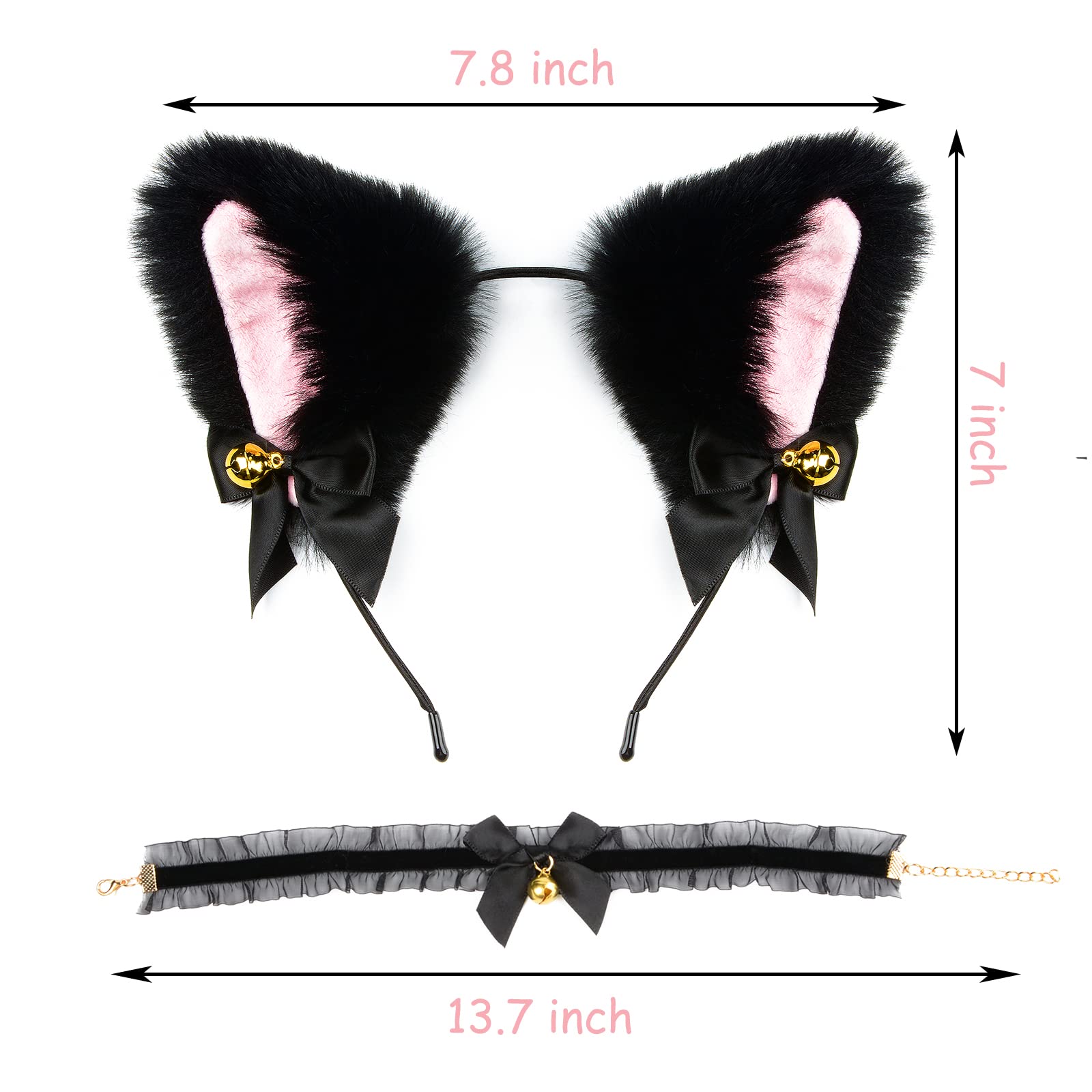 HoveBeaty Cat Ears Headband and Bow Necklace furry Animal Ears Hairband with Bells for Girl Women Cosplay Halloween Party Daily Decoration (black)