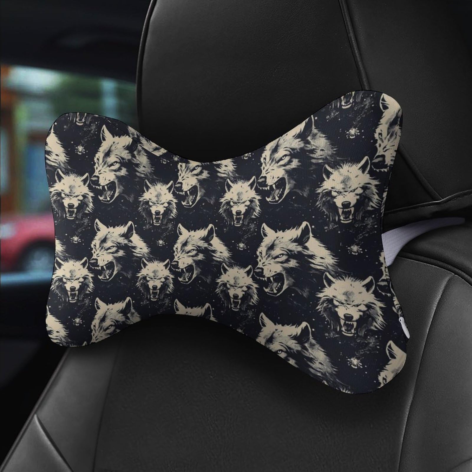SMAZDFXX Wolf Car Neck Pillow Set of 2 Car Seat Head Support Cushion Bone Pillows with Elastic Strap