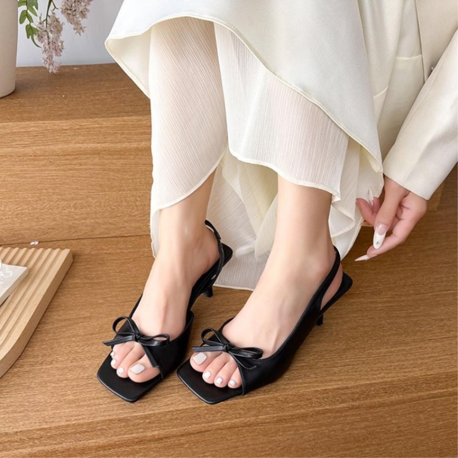 Pantofole Donna Bow Square Toe Slingback Tacchi, Basso Gattino Tacco Sandali, Elegante Open-Toe Scarpe per La Festa Ufficio Abbigliamento Estivo-35-huase