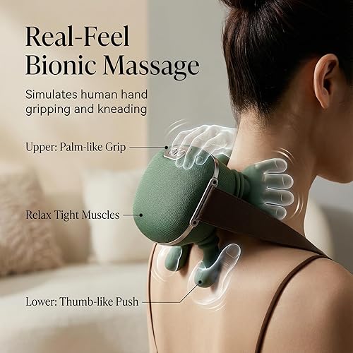 Miniatura 2 de Shiatsu Masajeador de cuello y espalda con calefacción, herramienta inalámbrica de relajación de amasamiento profundo, diseño ergonómico verde para