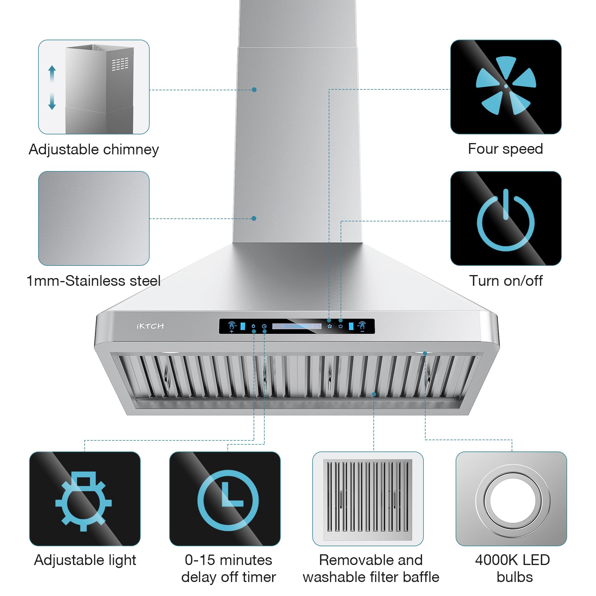 IKTCH Campana extractora de pared de 76,2 cm, 900 CFM canalizada/sin conductos, campana extractora de acero inoxidable con detección de gestos y control táctil IKP02R-30