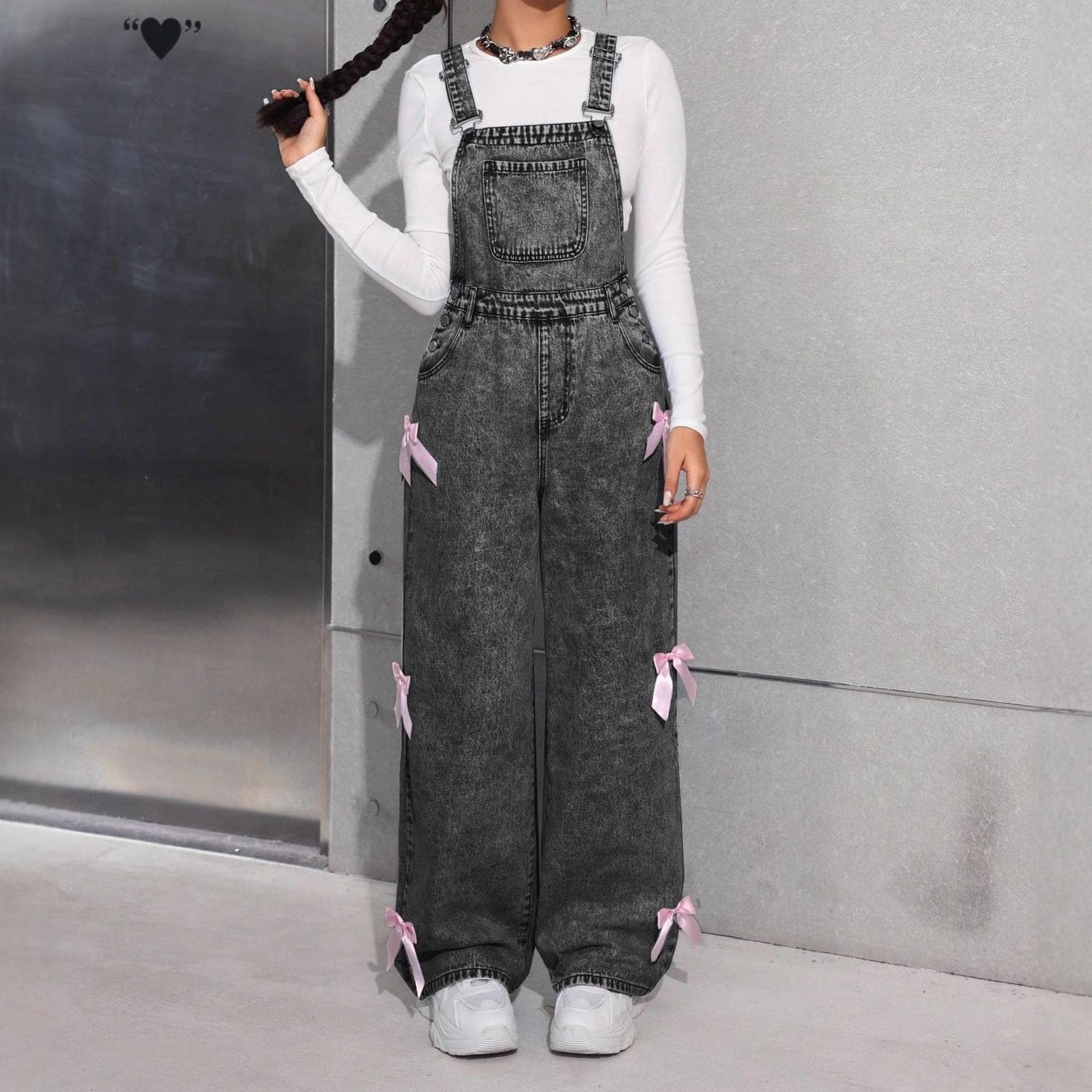 Generisch - Tuta in jeans con lavaggio a fiocco di neve, gamba larga, decorazione con fiocco, stile casual, per adolescenti, salopette in denim robusto per la scuola e il tempo libero