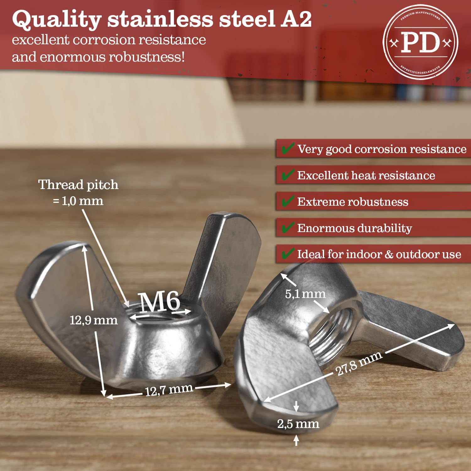 PD Dadi ad ala M6 (DIN 315), di alta qualità, in acciaio inox A2 V2A, dado a farfalla per uso universale, 5 pezzi