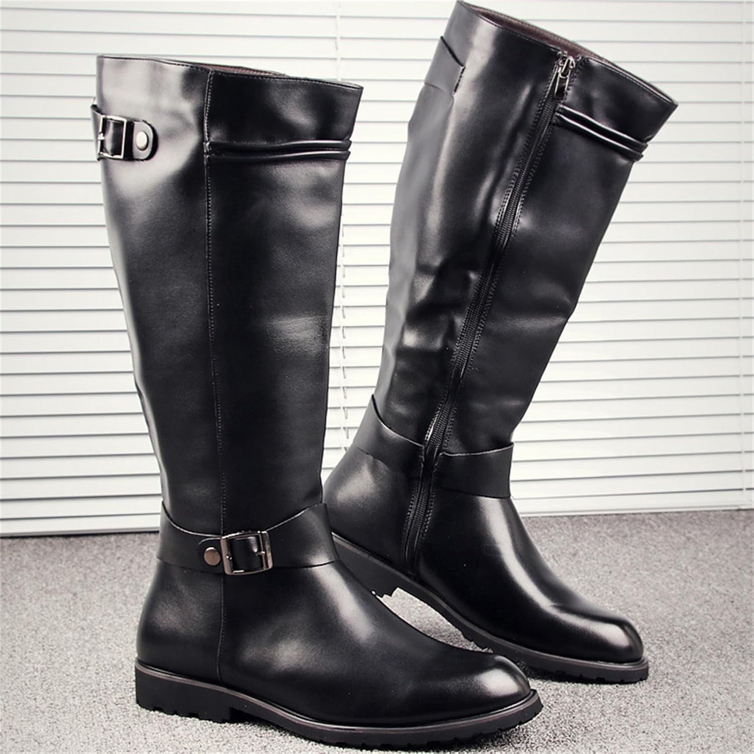Men's Retro Leather Pull On Combat Military Boot Fashion Low Heel Round Toe Soft Steampunk Y2K Knee High Motorcycle Boots For Casual Daily Wear Office Business Outfits