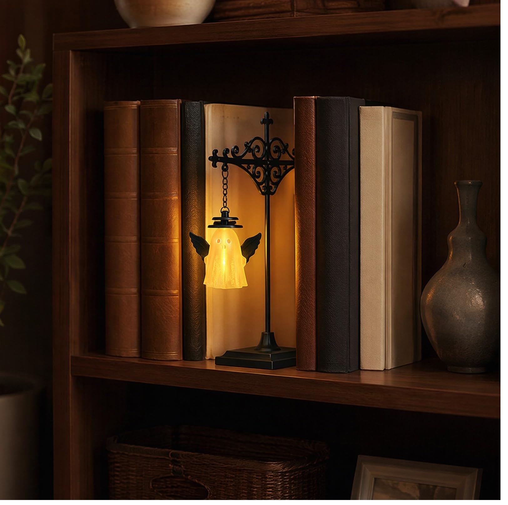 Vintage Ghost Bookshelf Lantern, Warm LED Mini Hanging Nightlight, Portable Reading Lamp, Spooky Halloween Ornament for Shelf & Indoor Tabletop Decor (M)
