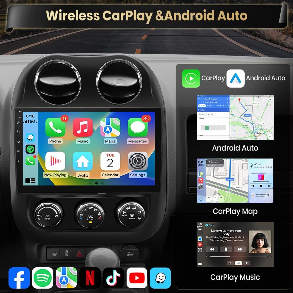 Doreon (2GB+64GB) Car Stereo for Jeep Compass Patriot (2010-2016), 10.1" Android 15 Radio with Wireless CarPlay Android Auto WiFi GPS Bluetooth FM AM SWC Backup Camera