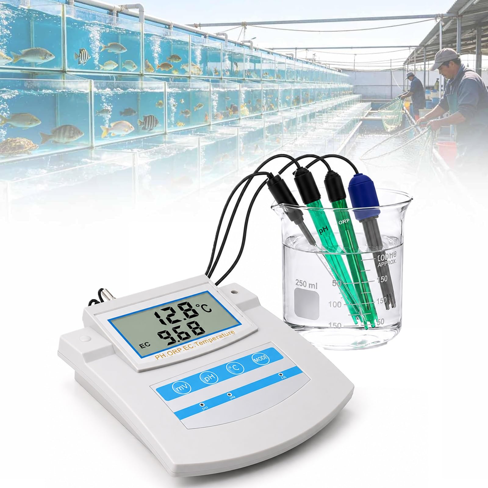 Probador de Calidad del Agua de sobremesa 6 en 1 Acuicultura hidropónica – Medidor multiparámetro Comercial pH TDS EC CF ORP Temp con ATC for gestión de nutrientes en piscifactorías