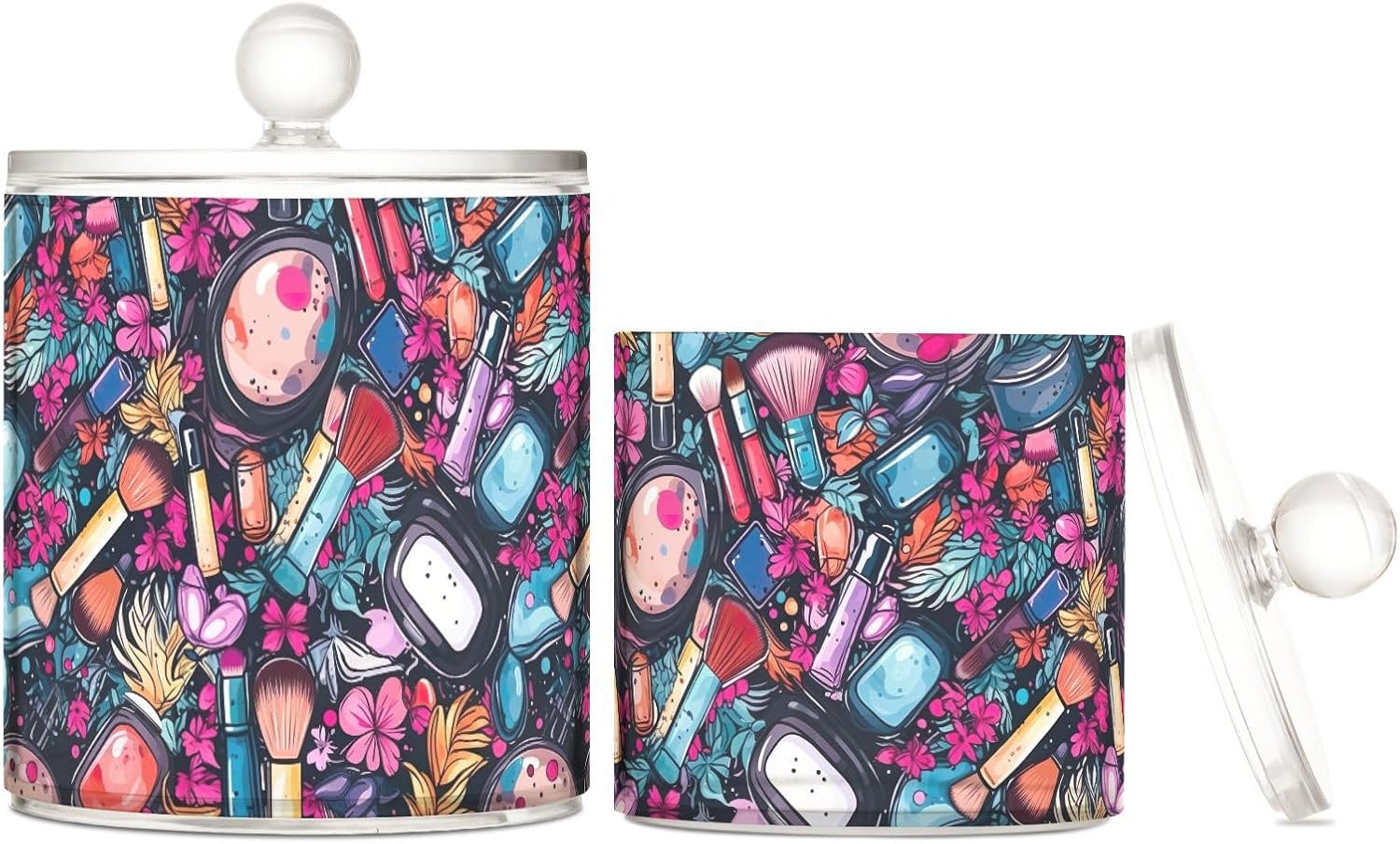 2 Pack Qtip Holder Dispenser with Lids,Funny Cosmetics Pattern Plastic Storage Containers,Bathroom Canisters Organizer for Cotton Ball,Cotton Swab,Cotton Round Pads,Floss 21215345