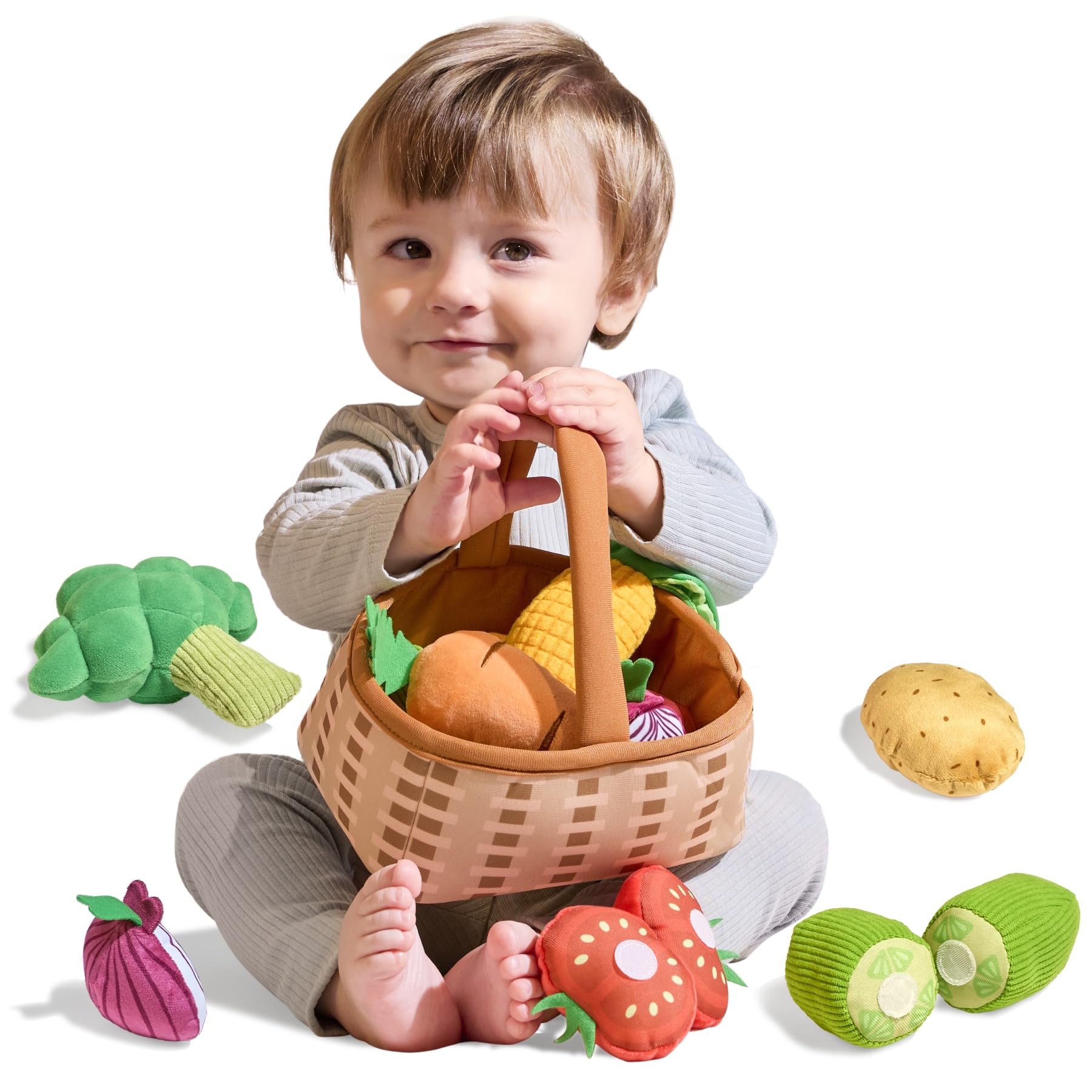 TUMAMA Fruit and Vegetable Shop Accessories Toy Children's Set, Shop Goods Role Play for Children's Kitchen, Plush Shopping Basket, Play Kitchen with Cucumber, Tomato, Carrot, Potatoes, Broccoli, Corn