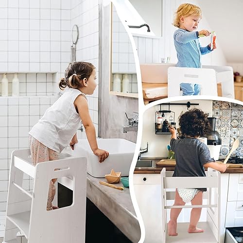 Miniatura 4 de WOOD CITY Taburete de cocina para niños pequeños con riel de seguridad, altura ajustable para niños, taburete de aprendizaje para encimera de cocina