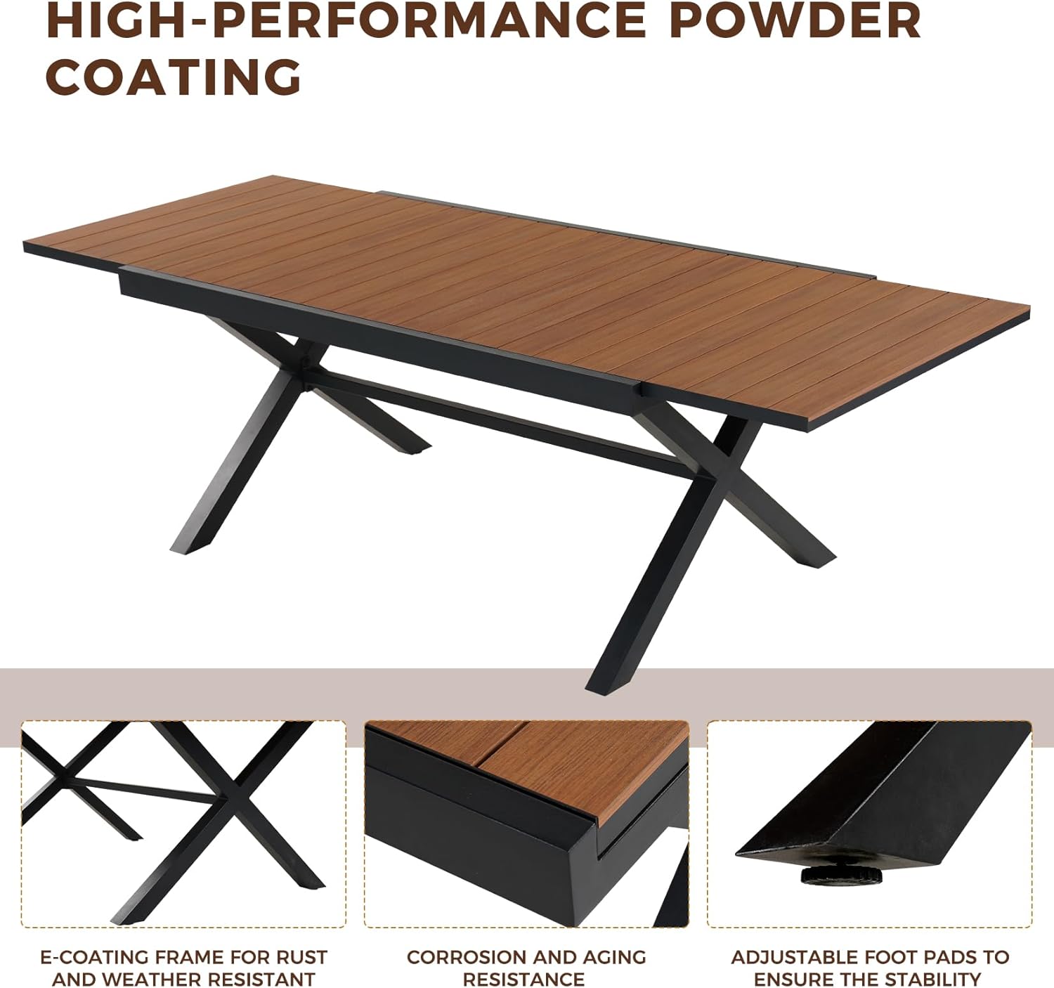 Grand patio Expandable Patio Dining Table, Extra Large 94.5" L x 37" W Outdoor Dining Table for 6-10 Person Wood Grain Rectangular Patio Table with E-Coating for Garden Porch Deck, Black