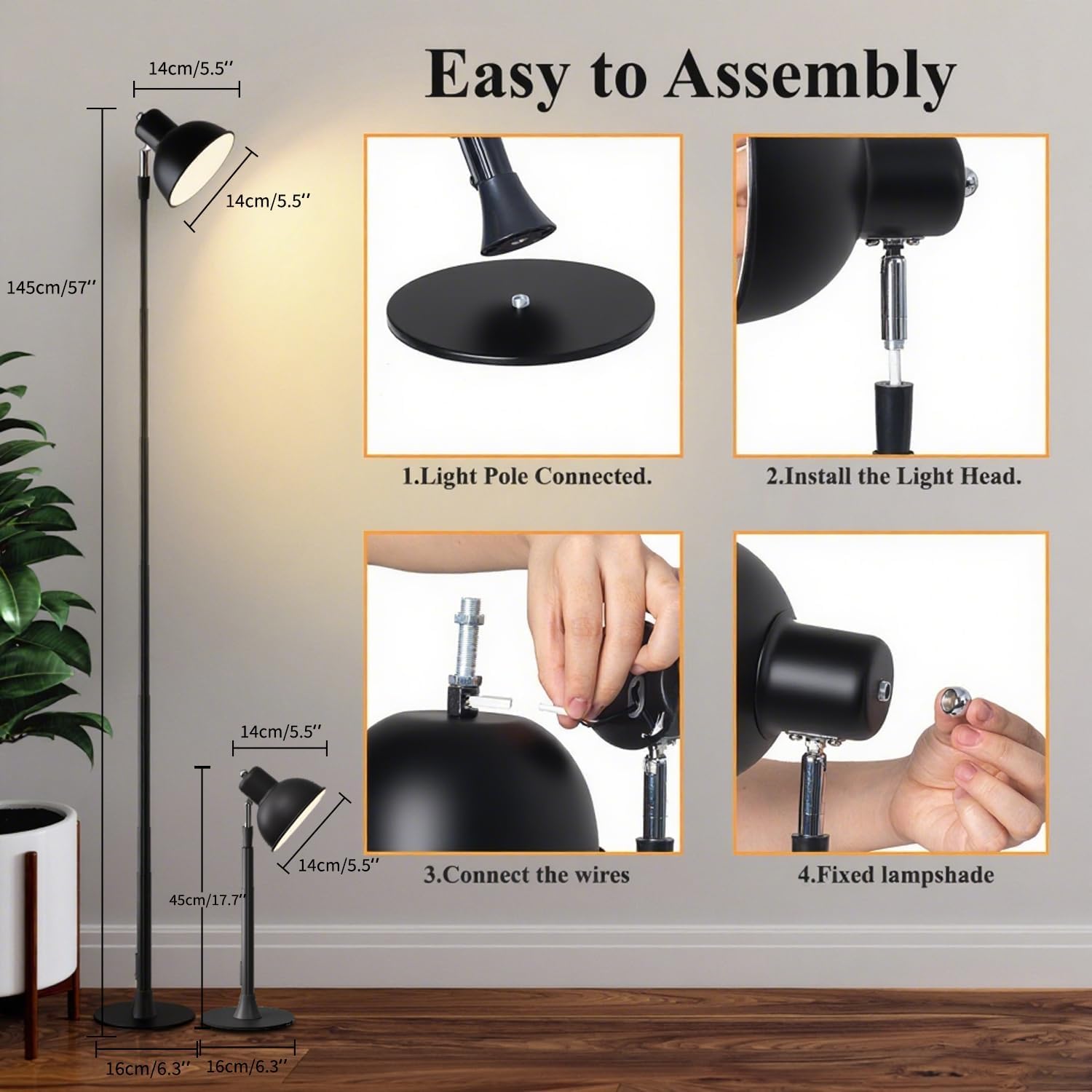 Rosnek LED Stehlampe Höhenverstellbar, Leselampe Dimmbar mit 3 Lichtfarben, 150° Schwenkbar Lampenkopf, 2-in-1 Stehleuchte & Tischleuchte für Wohnzimmer, Homeoffice, Esszimmer, Metall Schwarz