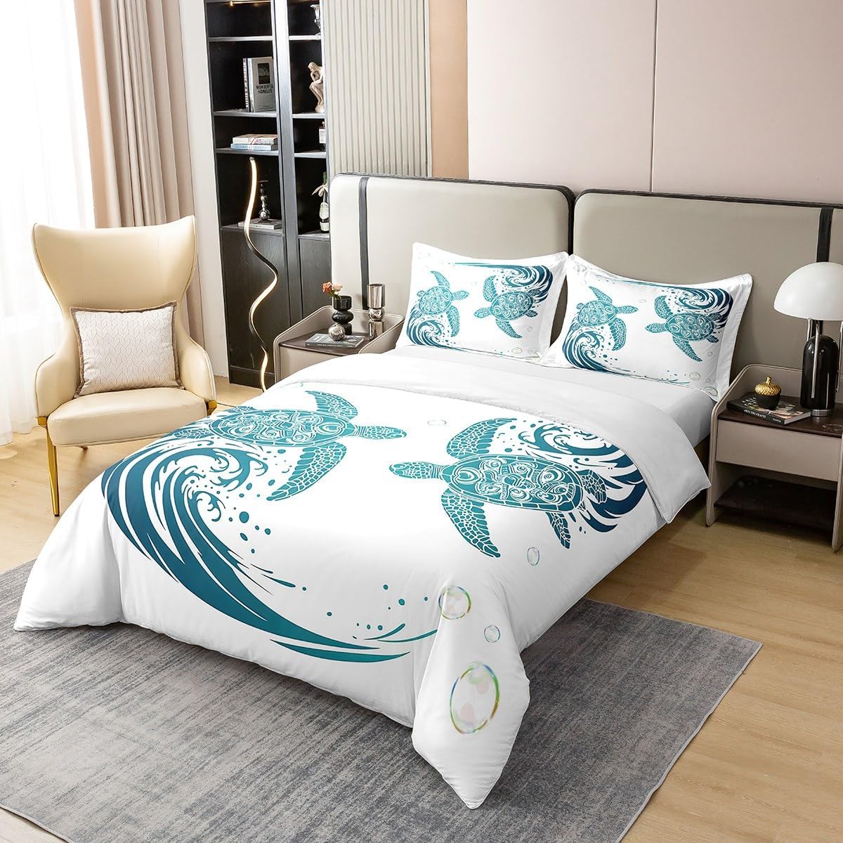 100% Organic Cotton Sea Turtle Full Bedding Set,Teal Blue Tortoise Duvet Cover,Nautical Coastal Sealife Comforter Cover,Reptile Ocean Beach Theme Bedspread Cover With 2 Pillowcases,Bedroom Decor