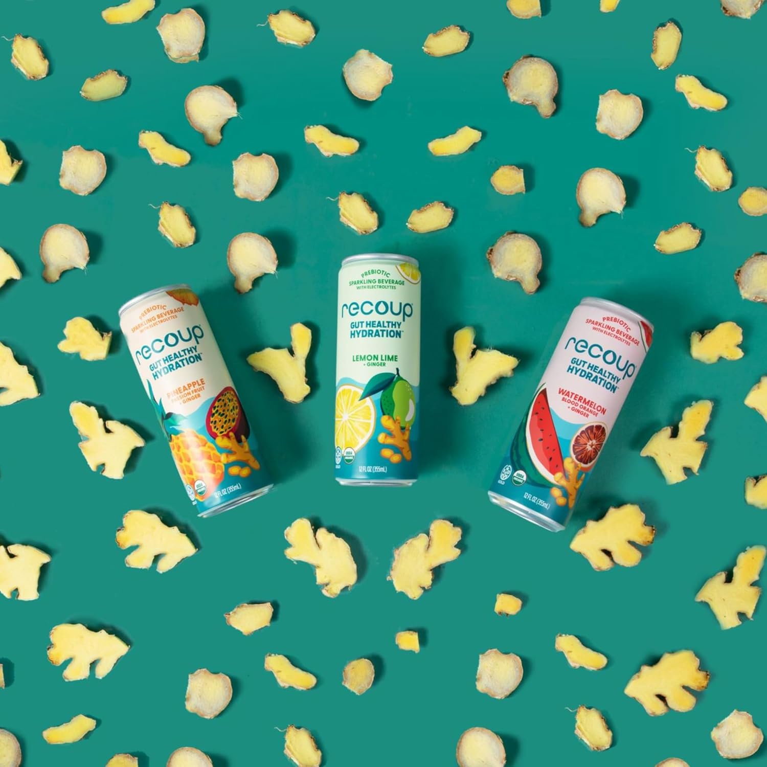 Recoup Organic Sparkling Prebiotic Drink - Ginger with Electrolytes for Gut Health Support & Hydration, No Added Sugar ((Pack of 12), Watermelon Blood Orange + Ginger)