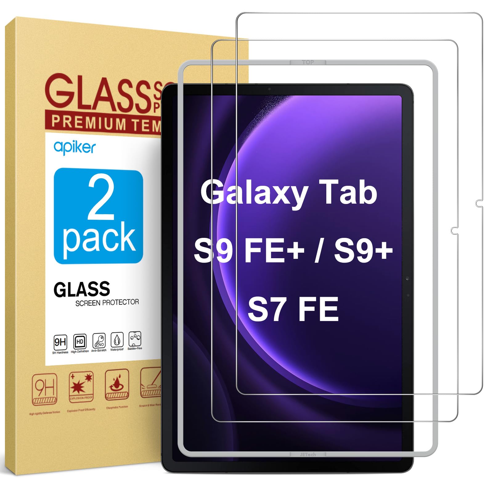 Apiker Tempered Glass Screen Protector for Samsung Galaxy Tab S10+/S9 FE+/S9+/S8+/S7+ - 9H Hardness Film With Frame